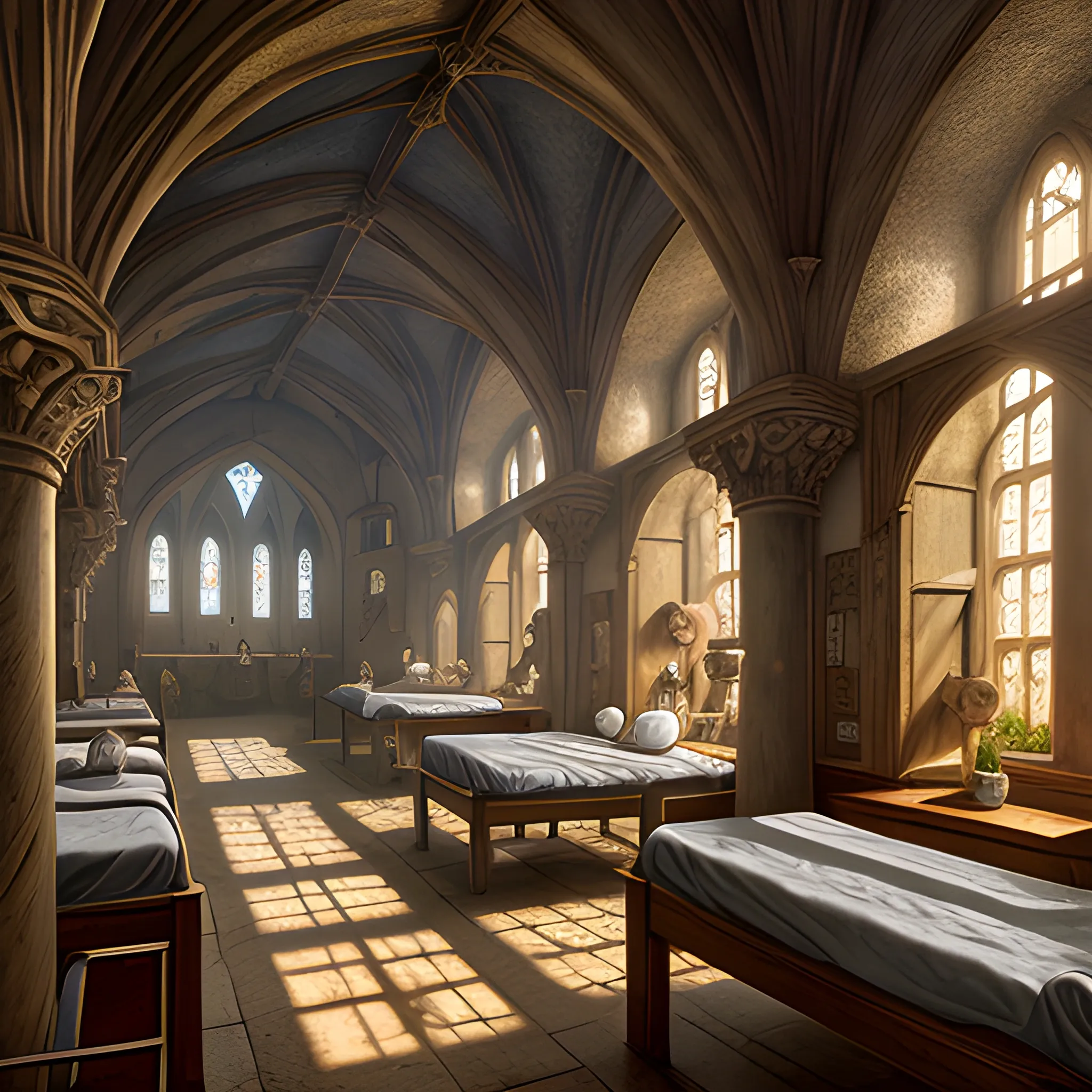 hospital, medieval hospital, saint hospital, many beds, view from inside, sunlight from windows, high resolution, detailed, 8k, detailed matte painting, deep color, fantastical, intricate detail, splash screen, complementary colors, fantasy concept art
