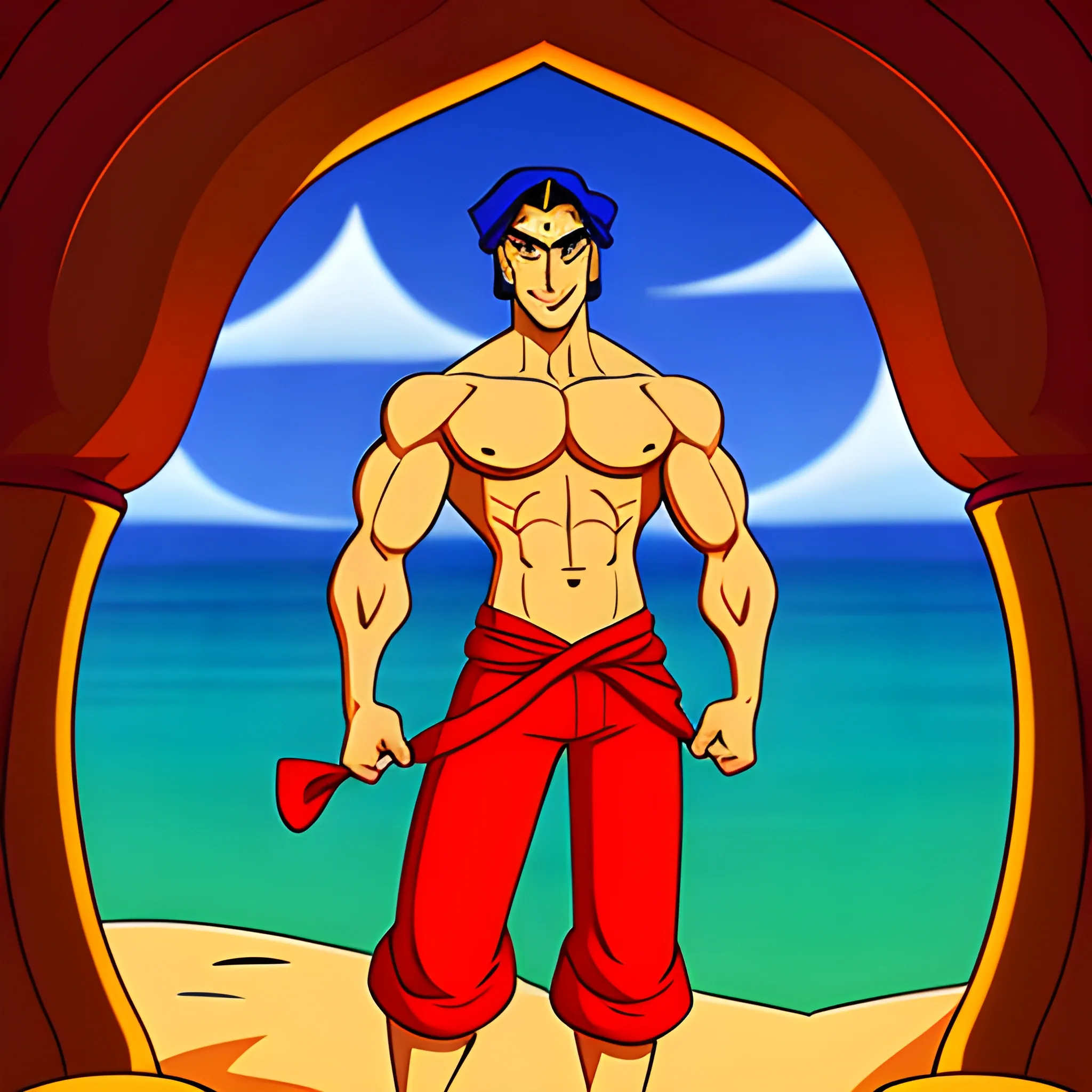 Disney’s Aladdin with muscles, shirt off, cartoon, Cartoon