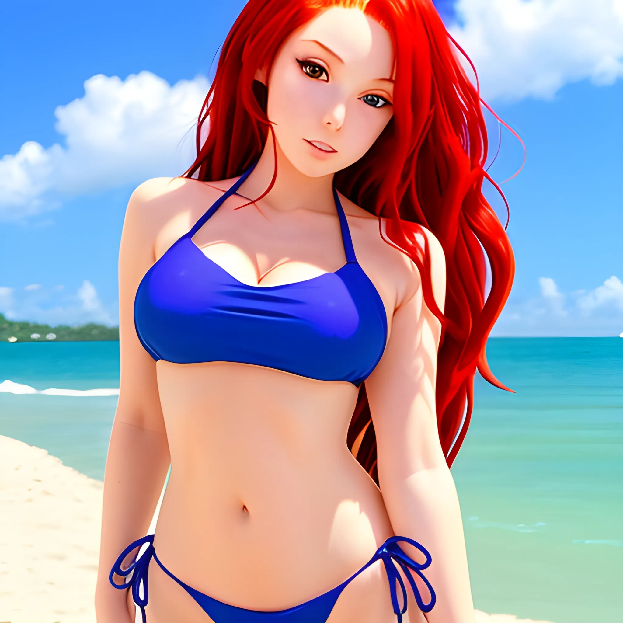 Beautiful anime babe in a bikini she has long red hair perfect hour glass body shes at the beach
