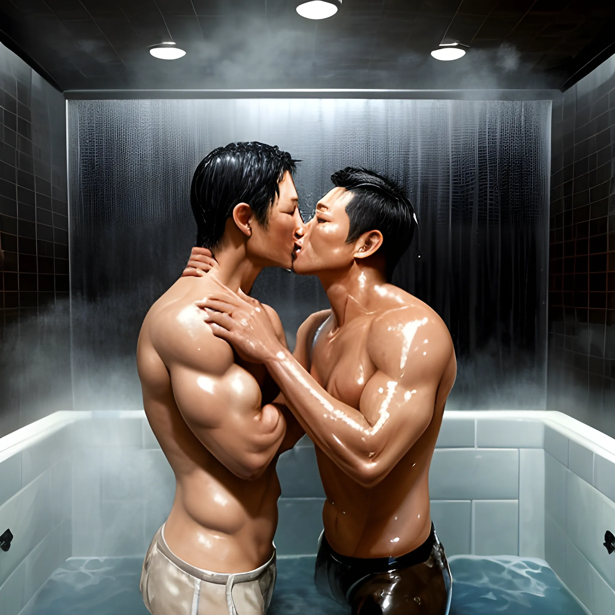 an oil painting of shirtless daniel dae kim kissing black guy in a steam room