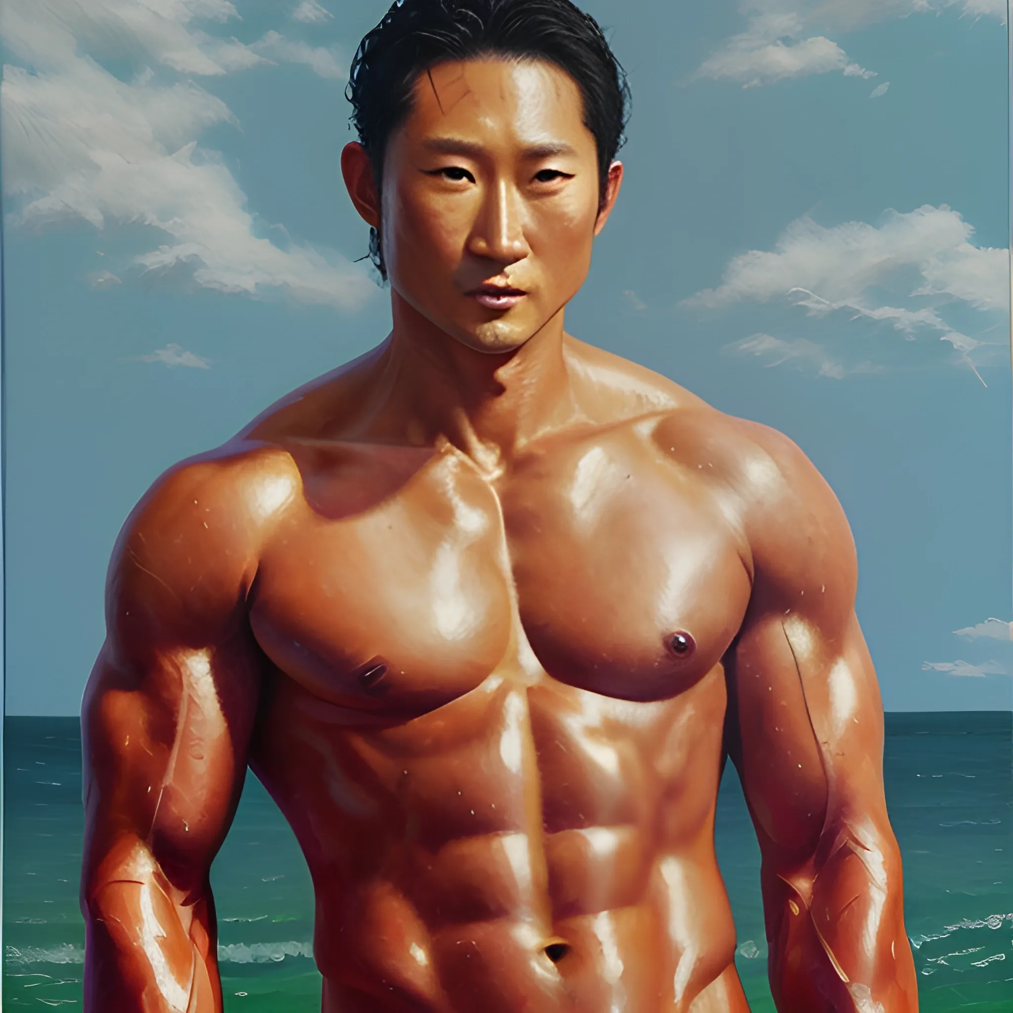 an oil painting of shirtless daniel dae kim
