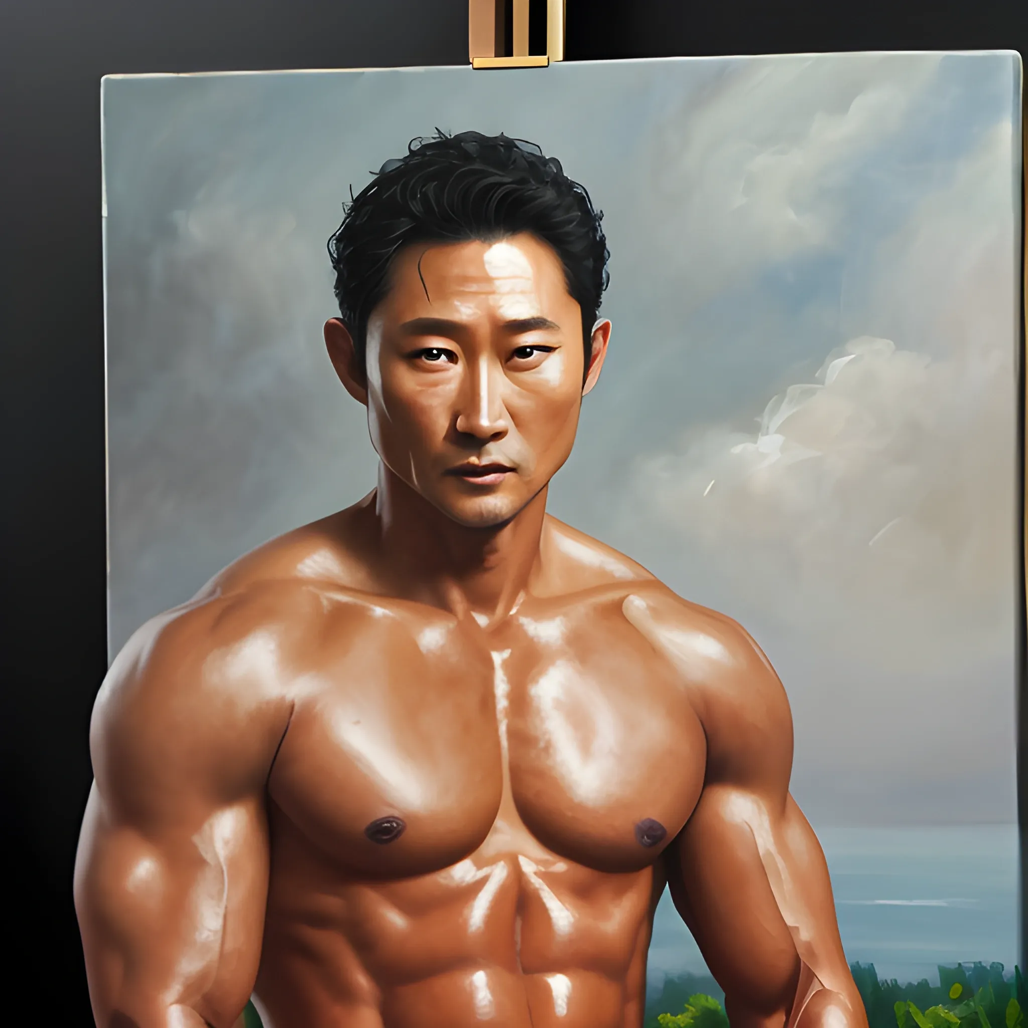 an oil painting of shirtless daniel dae kim
Boner with a black hunk guy