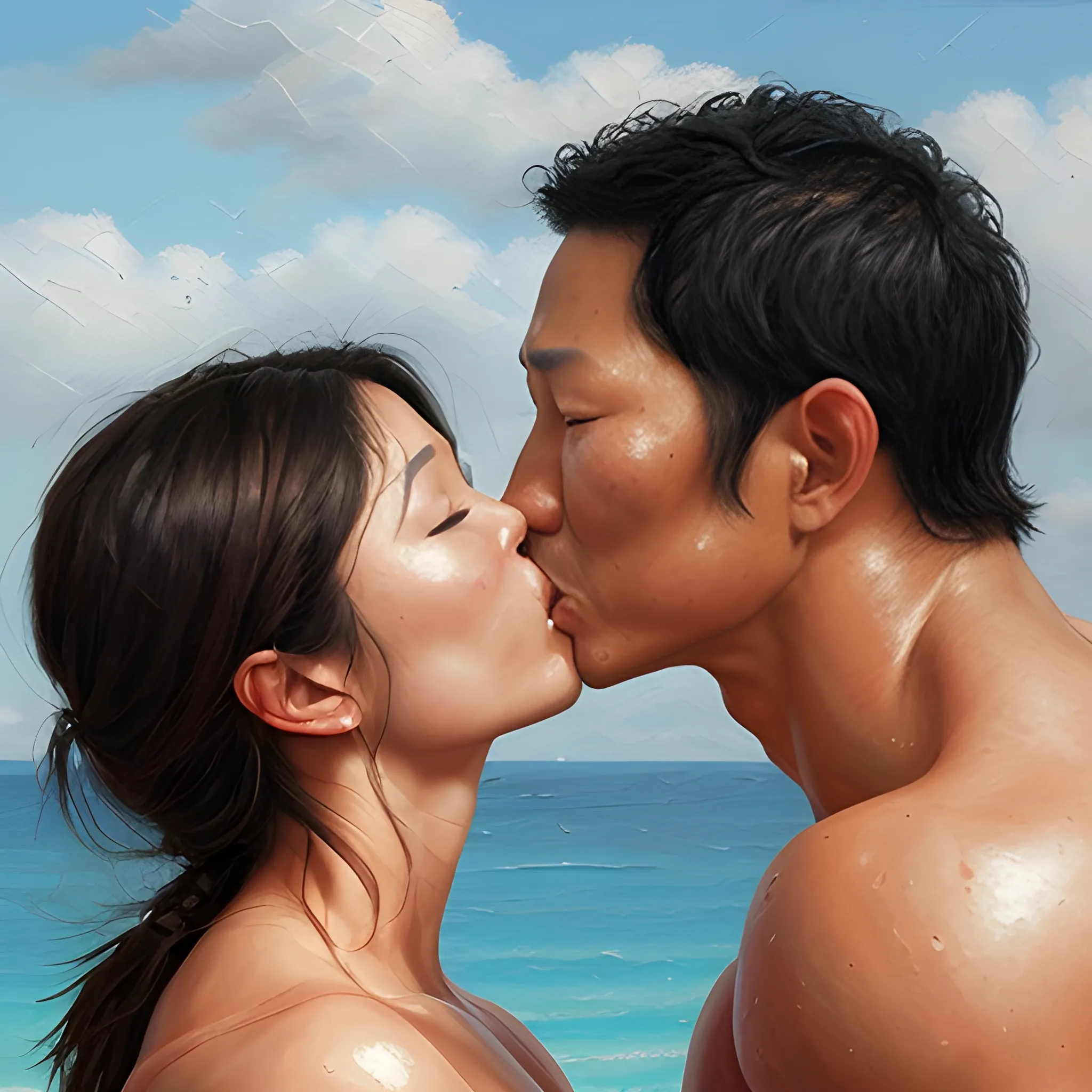 an oil painting of shirtless daniel dae kim kissing hersself