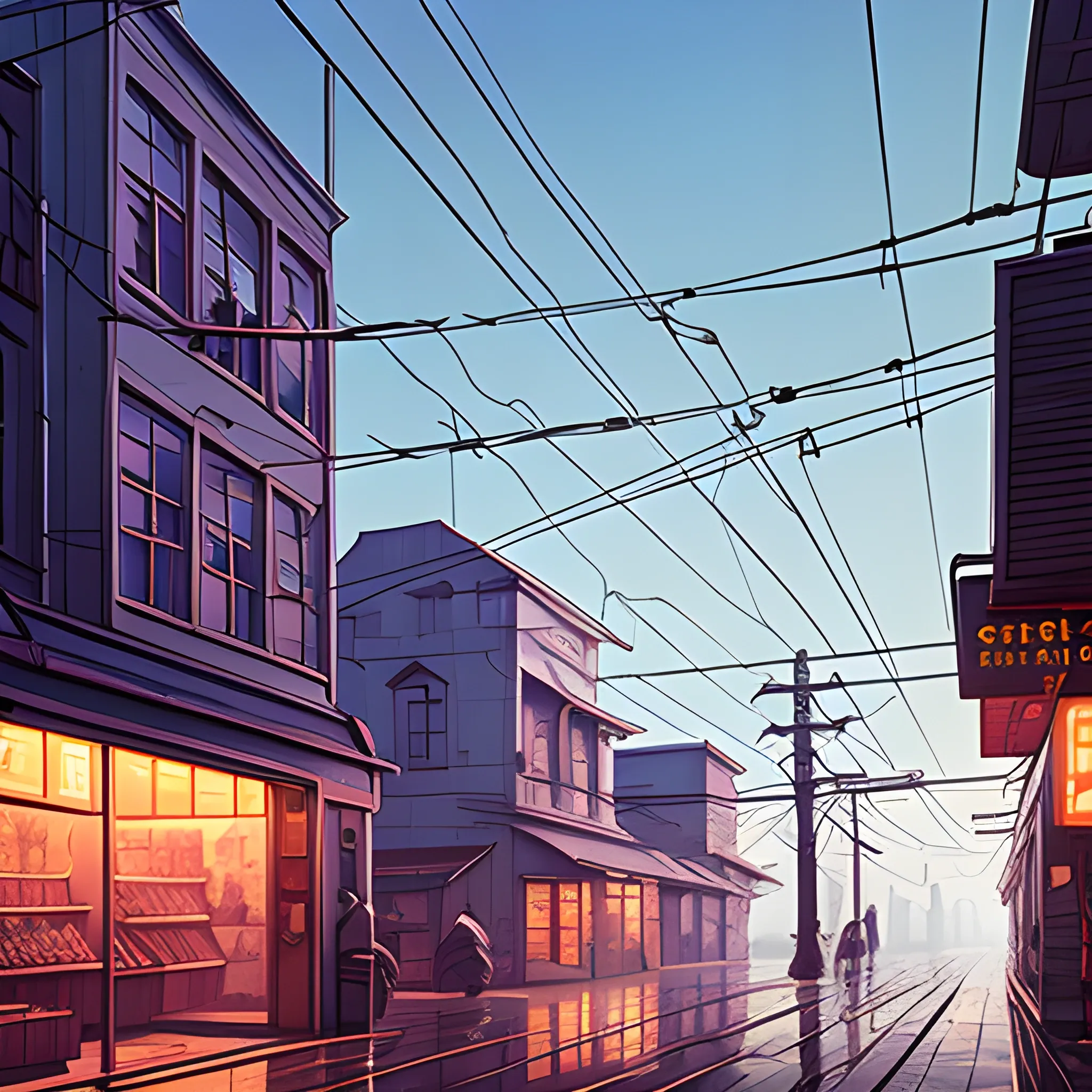 city with shop, electric poles... in the style of makoto shinkai and greg rutkowski and albert bierstadt and james gurney