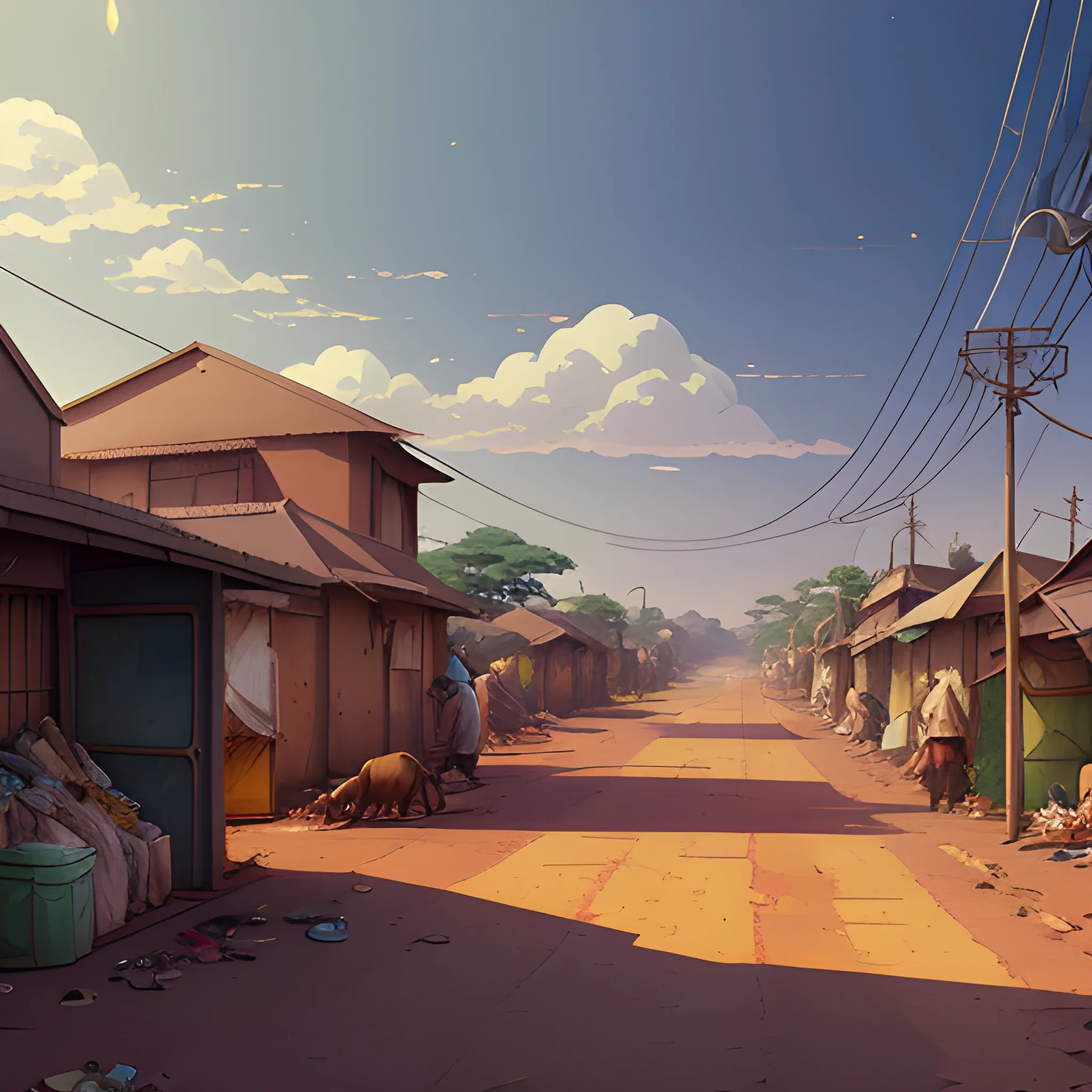 african residential suburb with rubbish and shop... in the style of makoto shinkai and greg rutkowski and albert bierstadt and james gurney