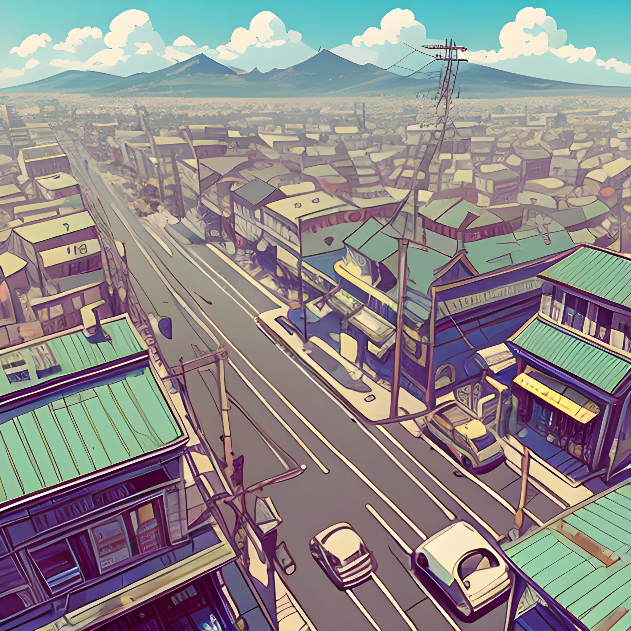 top view, city with shop, electric poles... in the style of makoto shinkai and greg rutkowski and albert bierstadt and james gurney, Anime