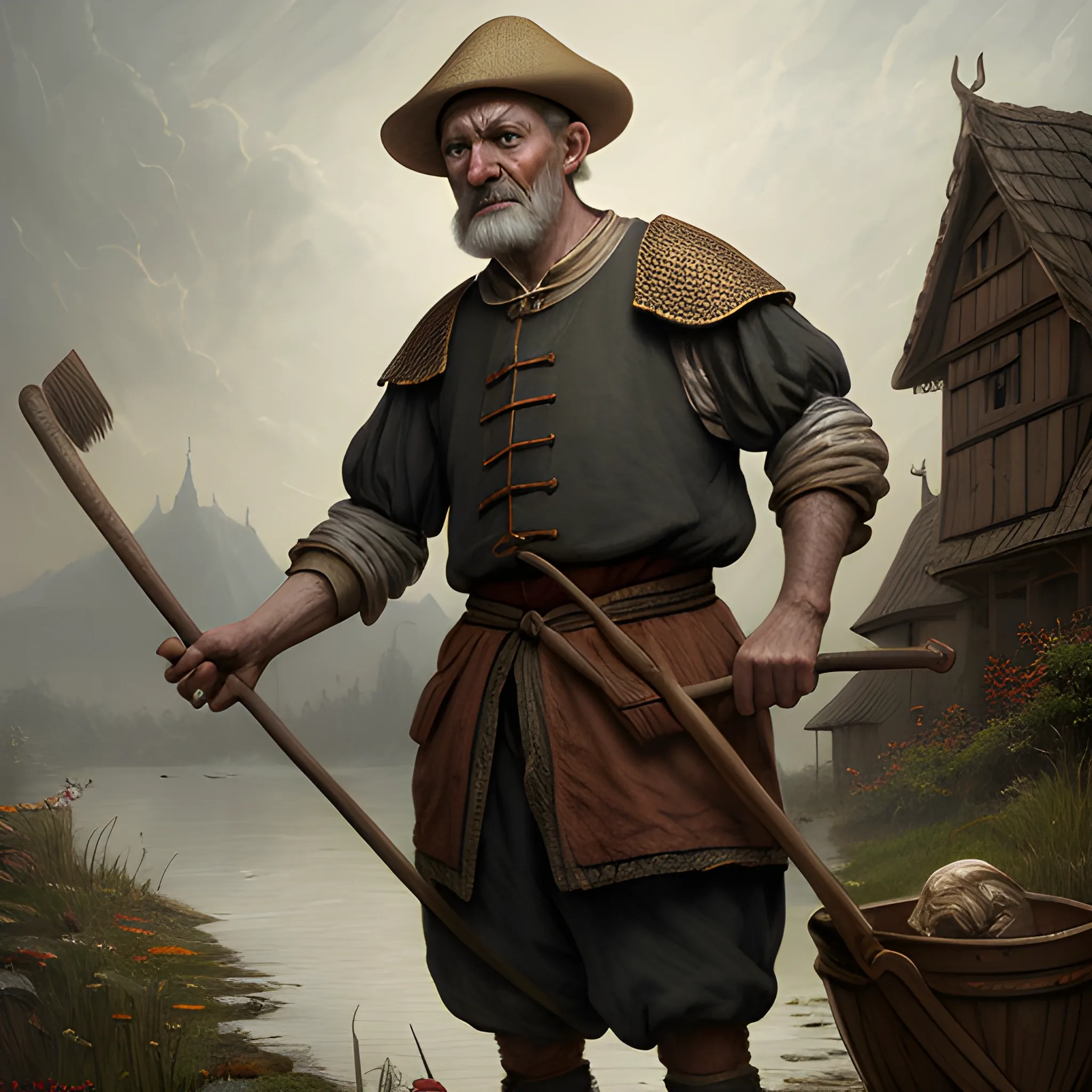 Peasant with rake in hands, he is angry, high quality, photorealistic, hyperrealistic, detailed, detailed matte painting, deep color, fantastical, intricate detail, splash screen, complementary colors, fantasy concept art, 8k resolution trending on Artstation Unrealtra