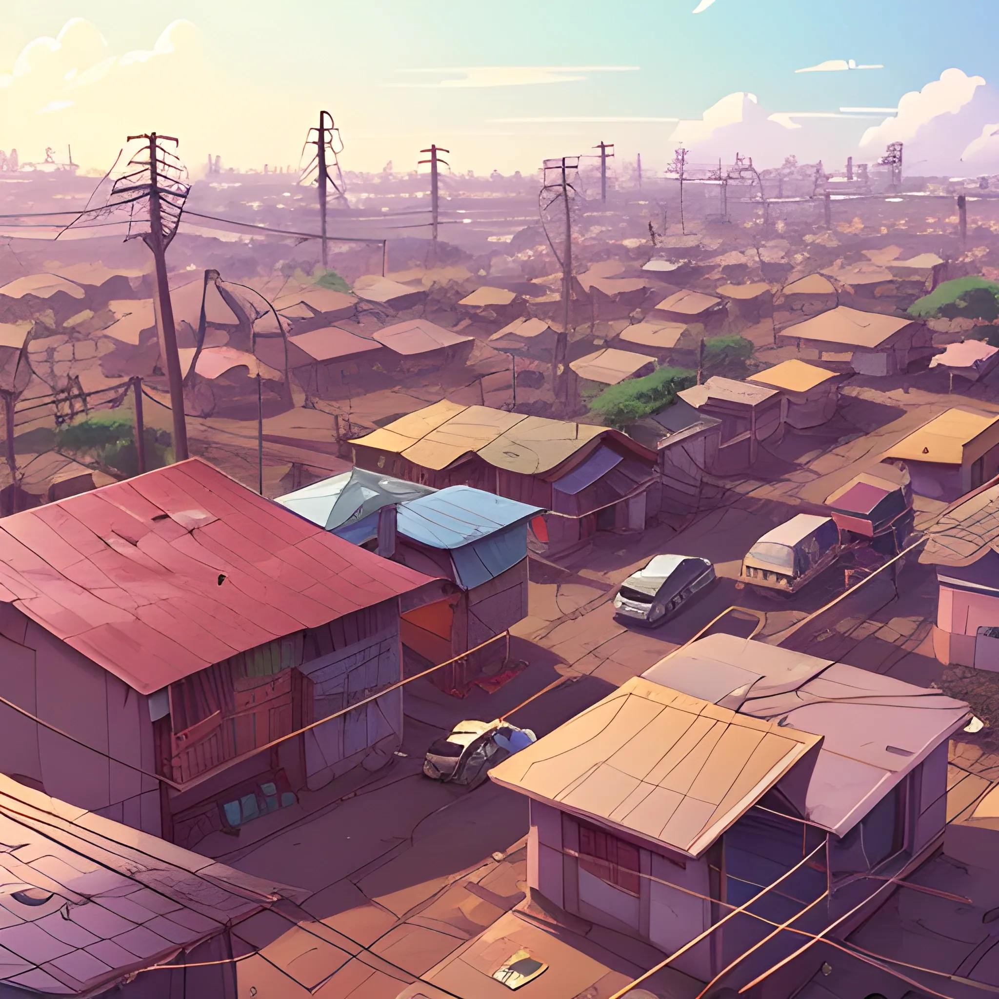 top view, african residential suburb with rubbish and shop, electric poles... in the style of makoto shinkai and greg rutkowski and albert bierstadt and james gurney, Cartoon