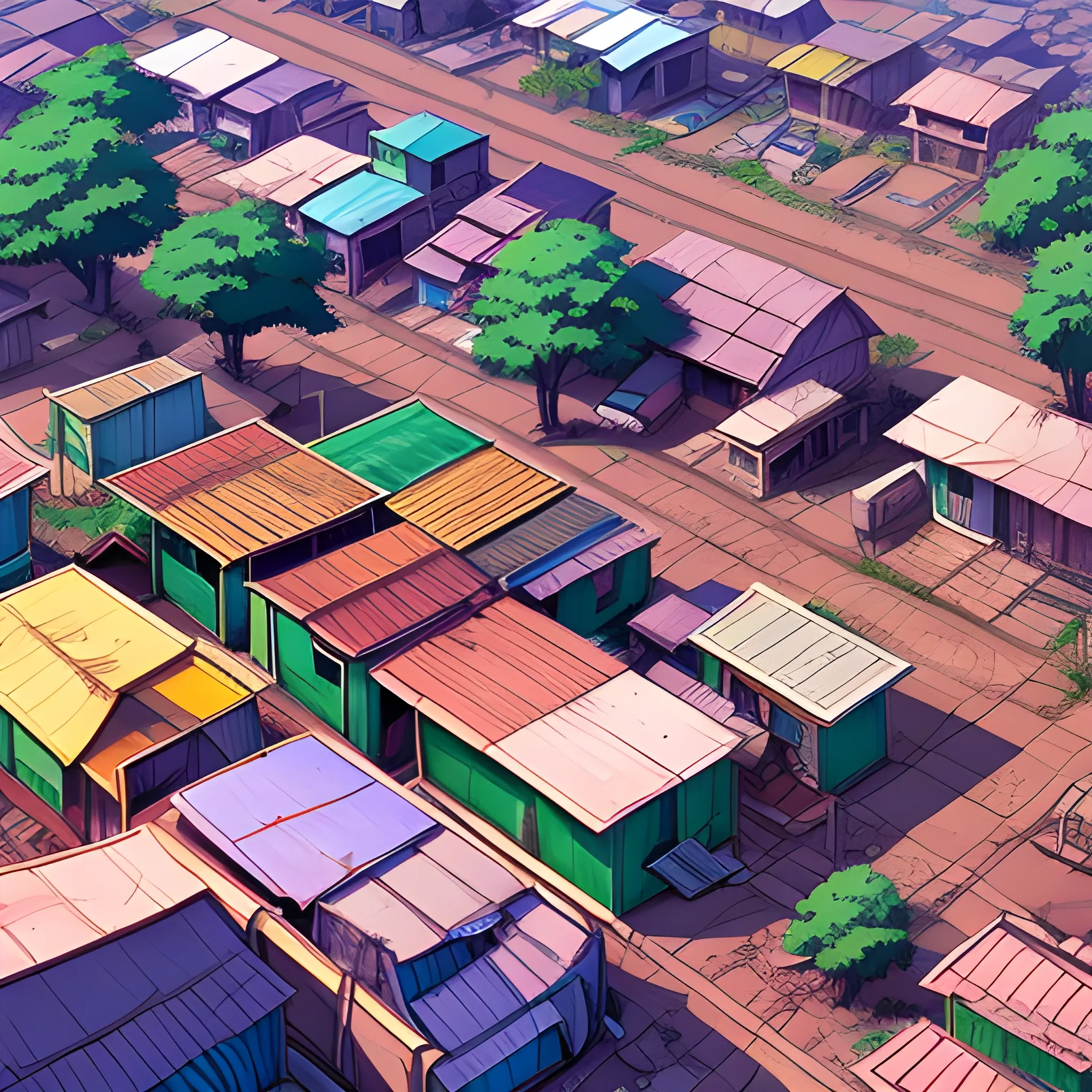 top view, african residential suburb with rubbish and shop, electric poles... in the style of makoto shinkai and greg rutkowski and albert bierstadt and james gurney, Cartoon