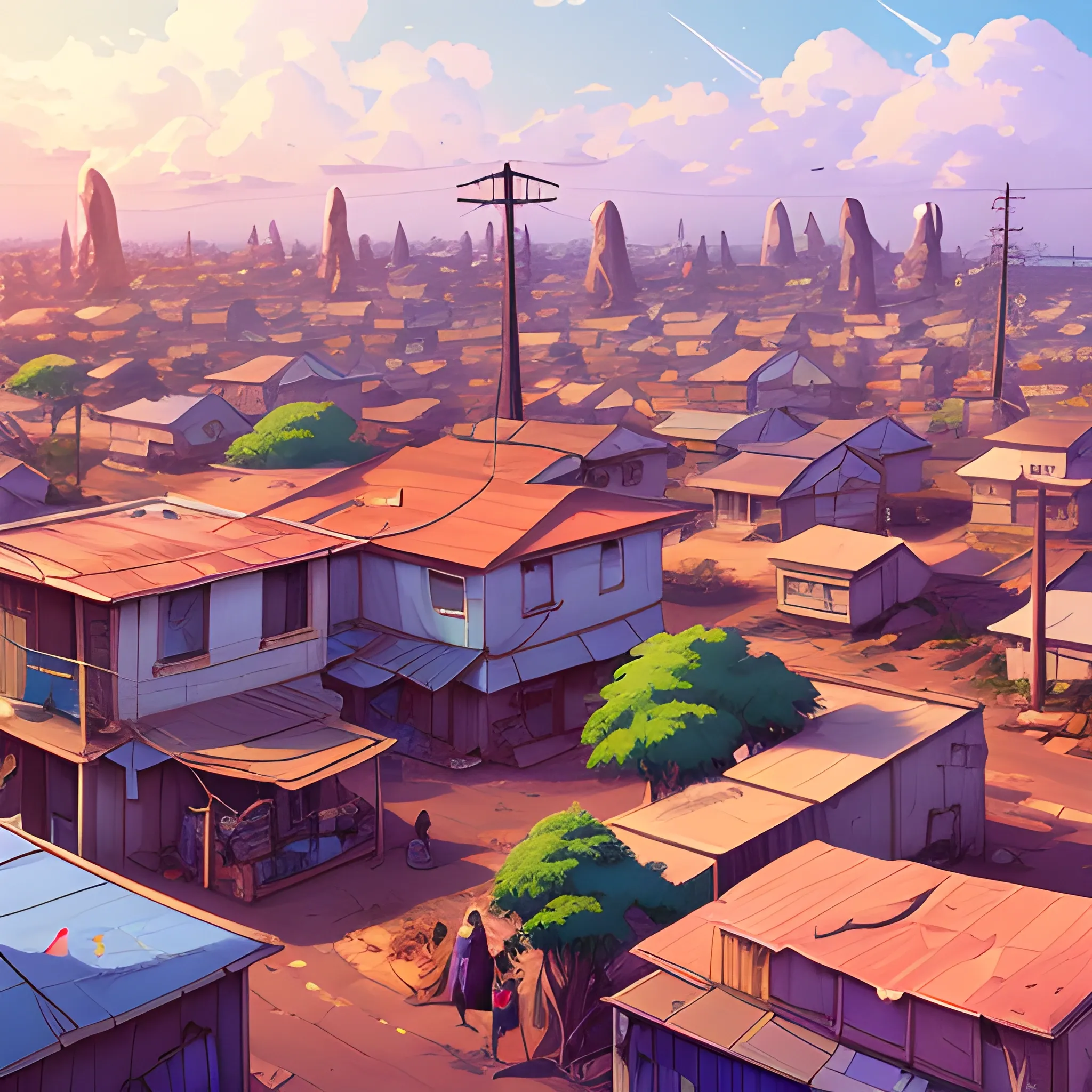 top view, african residential suburb with rubbish and shop, electric poles, with giants rocks... in the style of makoto shinkai and greg rutkowski and albert bierstadt and james gurney, Cartoon