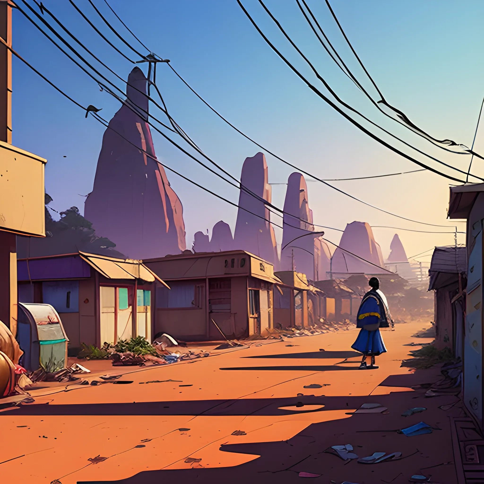 african residential suburb with rubbish and shop, electric poles, with giants rocks... in the style of makoto shinkai and greg rutkowski and albert bierstadt and james gurney, Cartoon