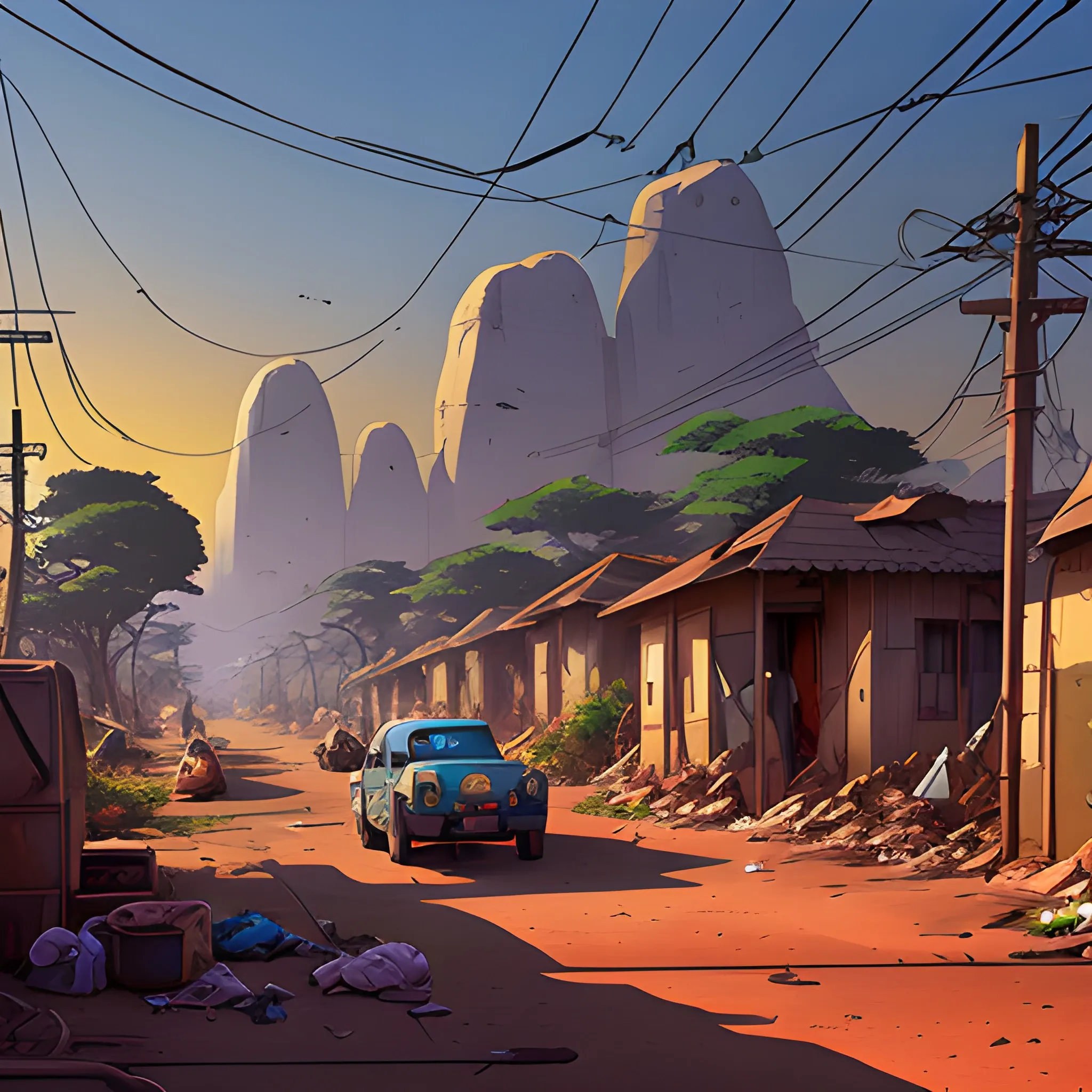 african residential suburb with rubbish and shop, electric poles, with giants rocks... in the style of makoto shinkai and greg rutkowski and albert bierstadt and james gurney, Cartoon