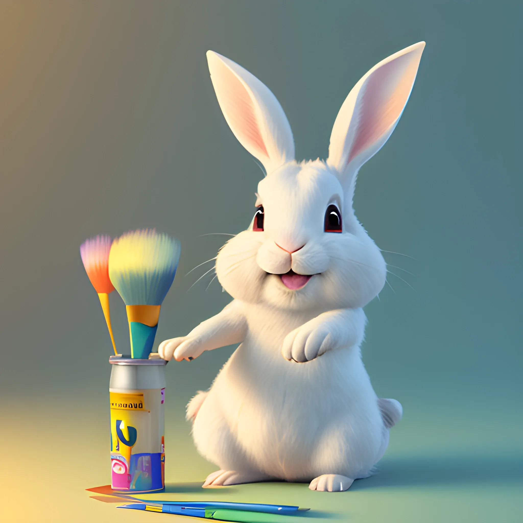 happy rabbit playing, painting a canvas, cute, pixar, photorealism 4 k, octane render, clean design, beautiful light 