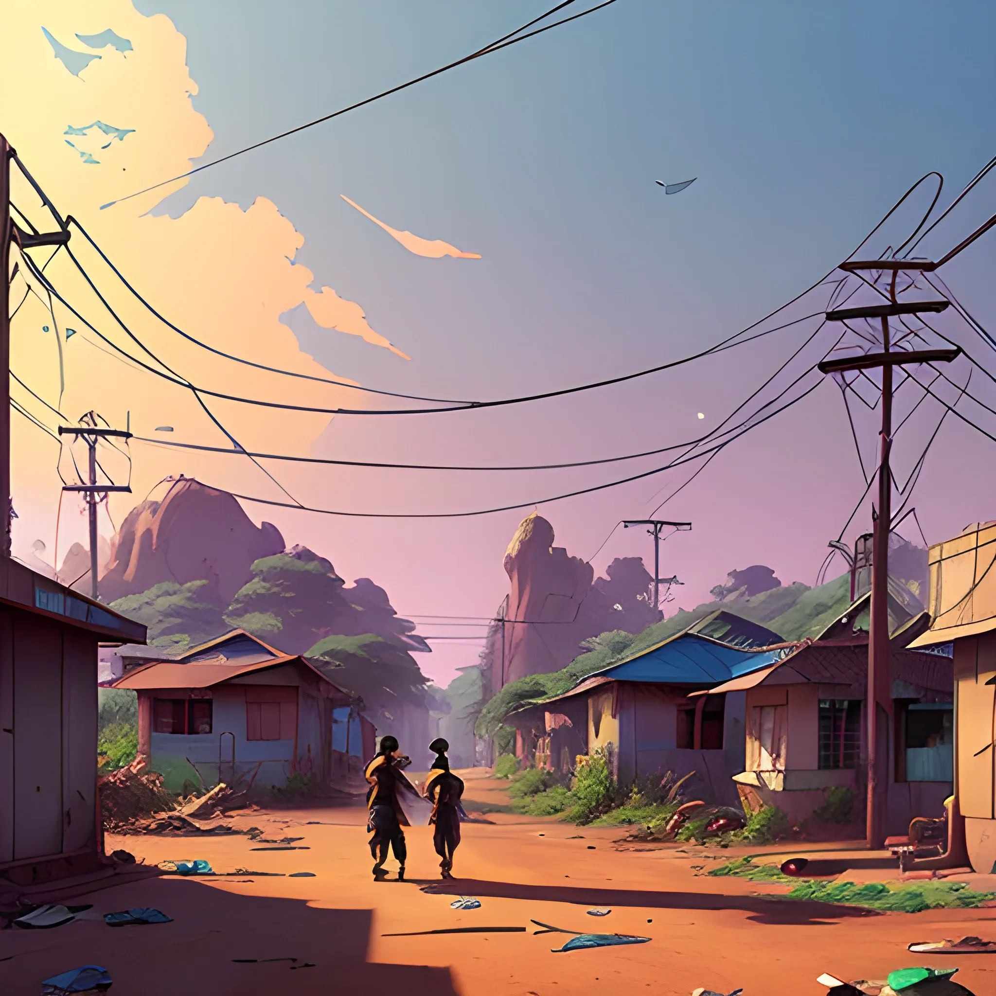 african residential suburb with rubbish and shop, electric poles, with giants rocks... in the style of makoto shinkai and greg rutkowski and albert bierstadt and james gurney, Cartoon