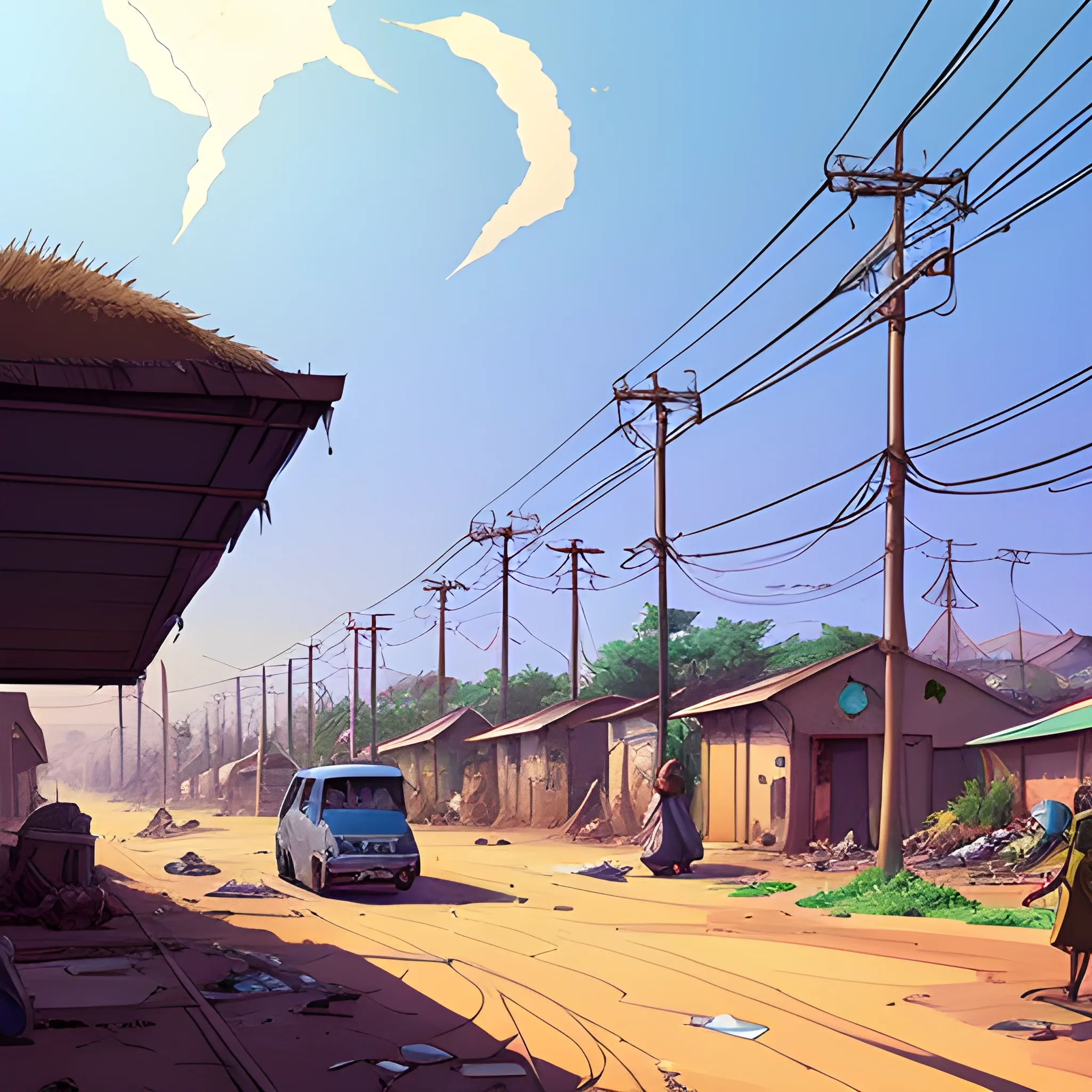 african residential suburb with rubbish and shop, electric poles, with giants rocks... in the style of makoto shinkai and greg rutkowski and albert bierstadt and james gurney, Cartoon