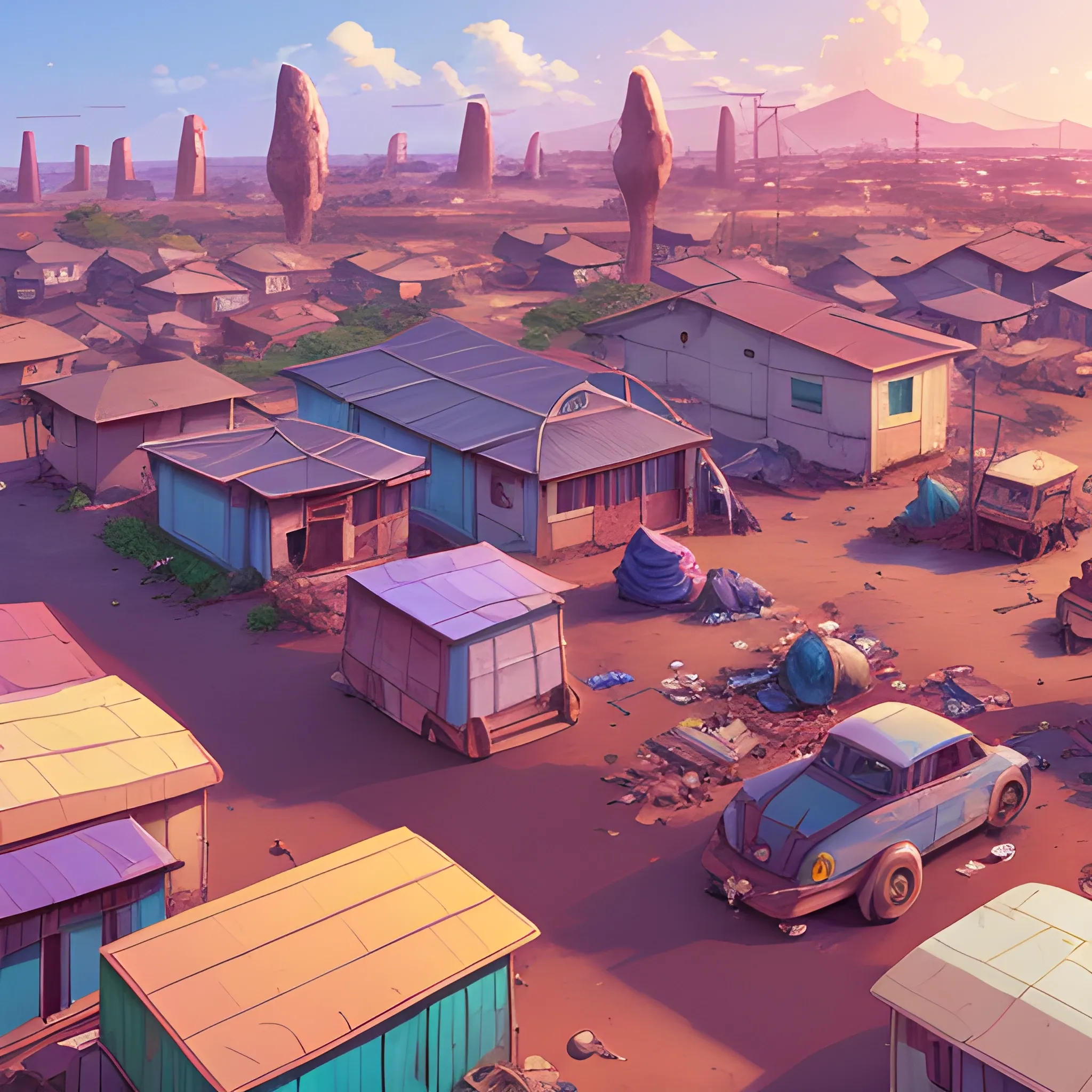 top view, african residential suburb with rubbish and shop, electric poles, with giants rocks... in the style of makoto shinkai and greg rutkowski and albert bierstadt and james gurney, Cartoon