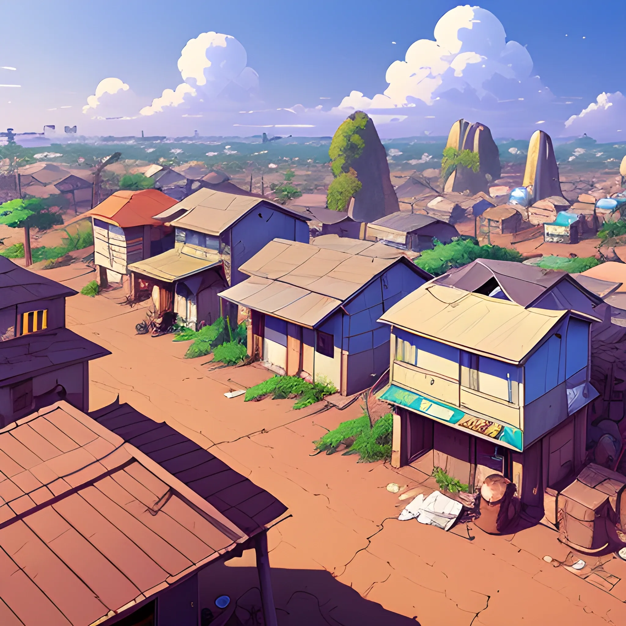 top view, african residential suburb with rubbish and shop, electric poles, with giants rocks... in the style of makoto shinkai and greg rutkowski and albert bierstadt and james gurney, Cartoon