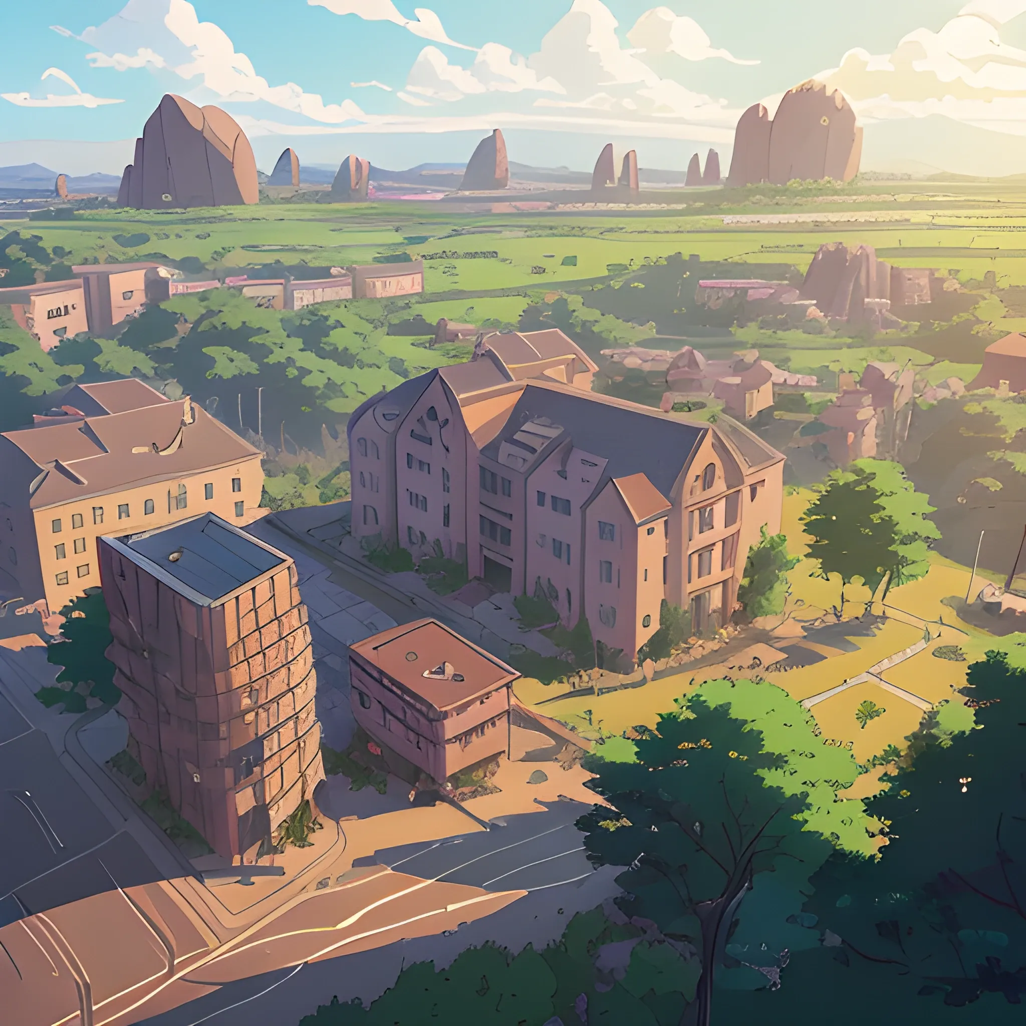 top view, university, with bulding and shop, electric poles, with giants rocks... in the style of makoto shinkai and greg rutkowski and albert bierstadt and james gurney, Cartoon