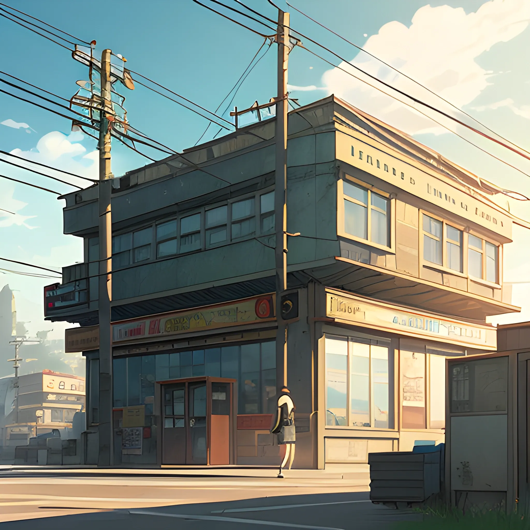 law angle, university, with bulding and shop, electric poles, in the style of makoto shinkai and greg rutkowski and albert bierstadt and james gurney, Cartoon