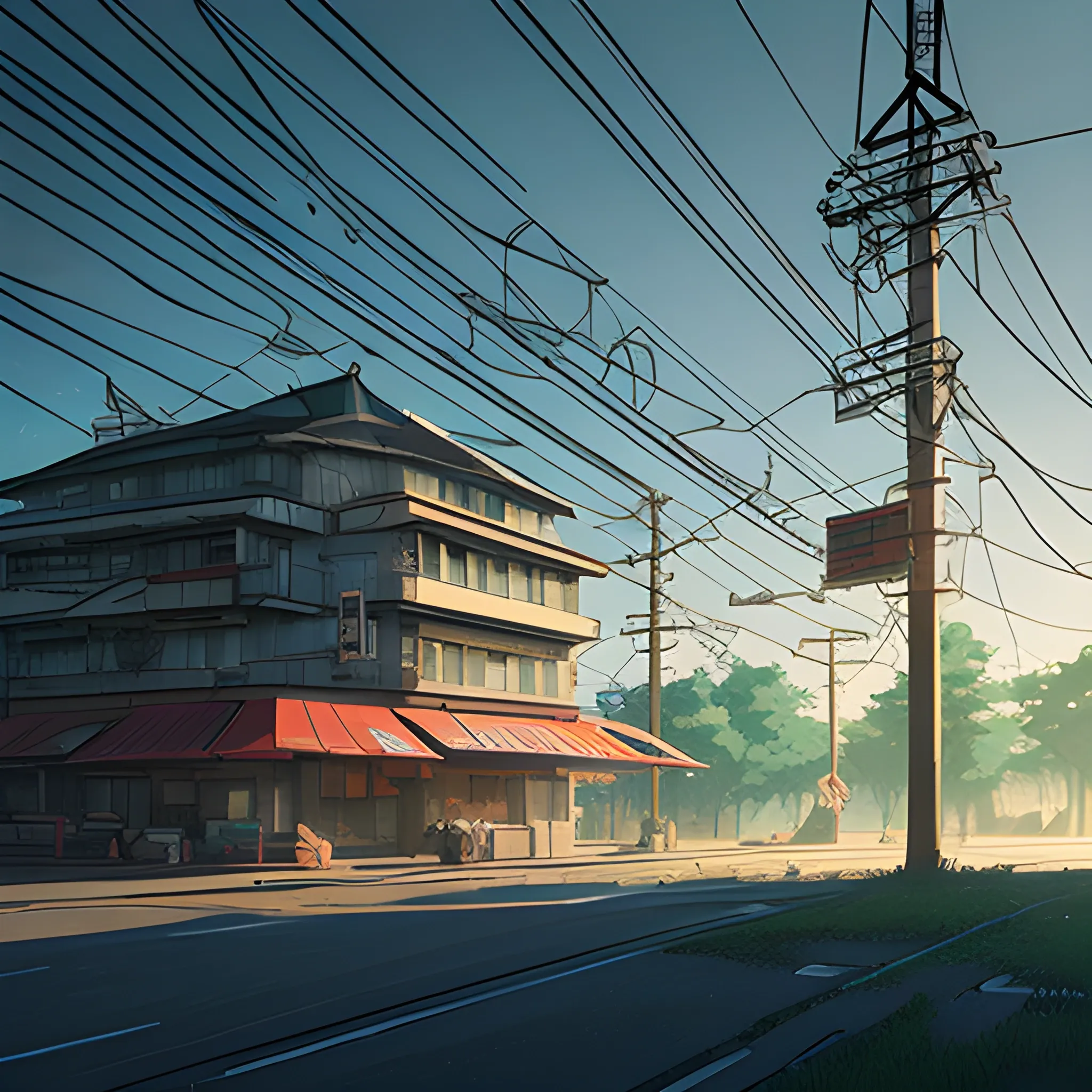 law angle, university, with bulding and shop, electric poles, in the style of makoto shinkai and greg rutkowski and albert bierstadt and james gurney, Cartoon