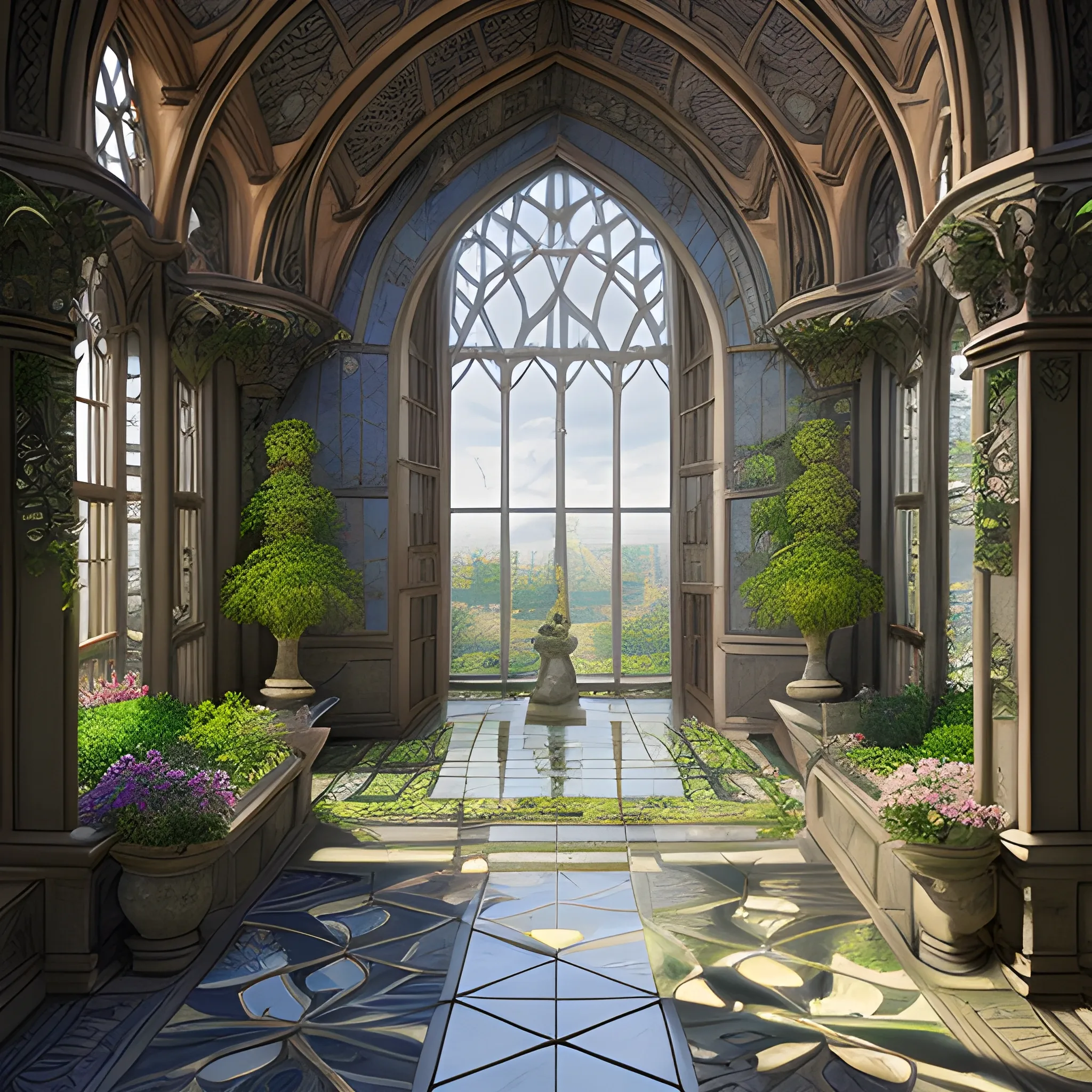 ceeled garden, medieval, open tall spacious hallway, inside a castle, glass ceeling, two floors, balconies, many plants, statue and fountain in the middle, view from inside, sunlight from windows, high resolution, detailed, 8k, detailed matte painting, deep color, fantastical, intricate detail, splash screen, complementary colors, fantasy concept art