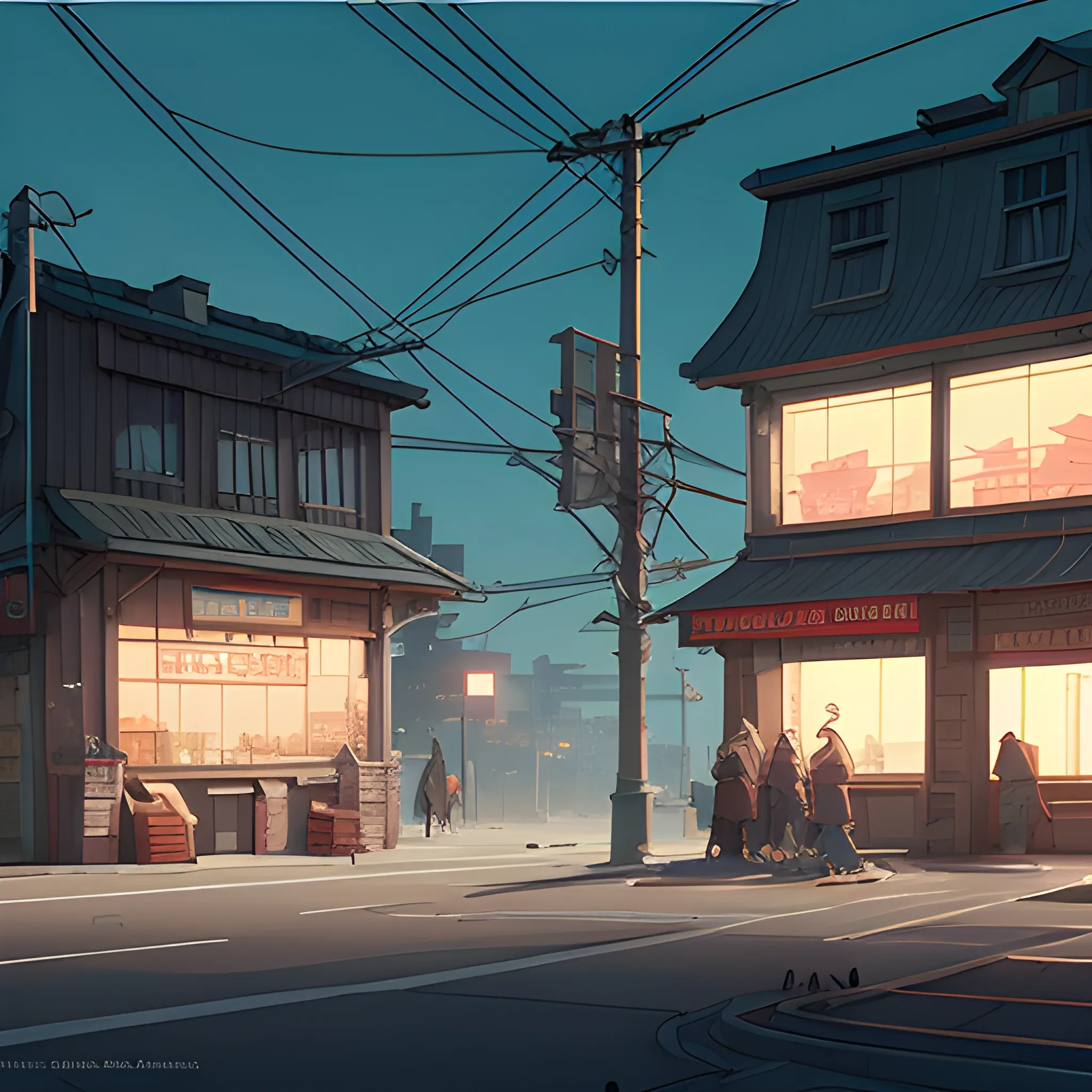 law angle, university, with bulding and shop, electric poles, in the style of makoto shinkai and greg rutkowski and albert bierstadt and james gurney, Cartoon