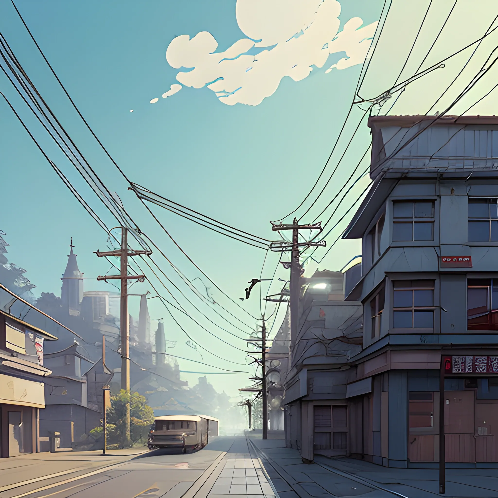 law angle, university, with bulding and shop, electric poles, in the style of makoto shinkai and greg rutkowski and albert bierstadt and james gurney, Cartoon