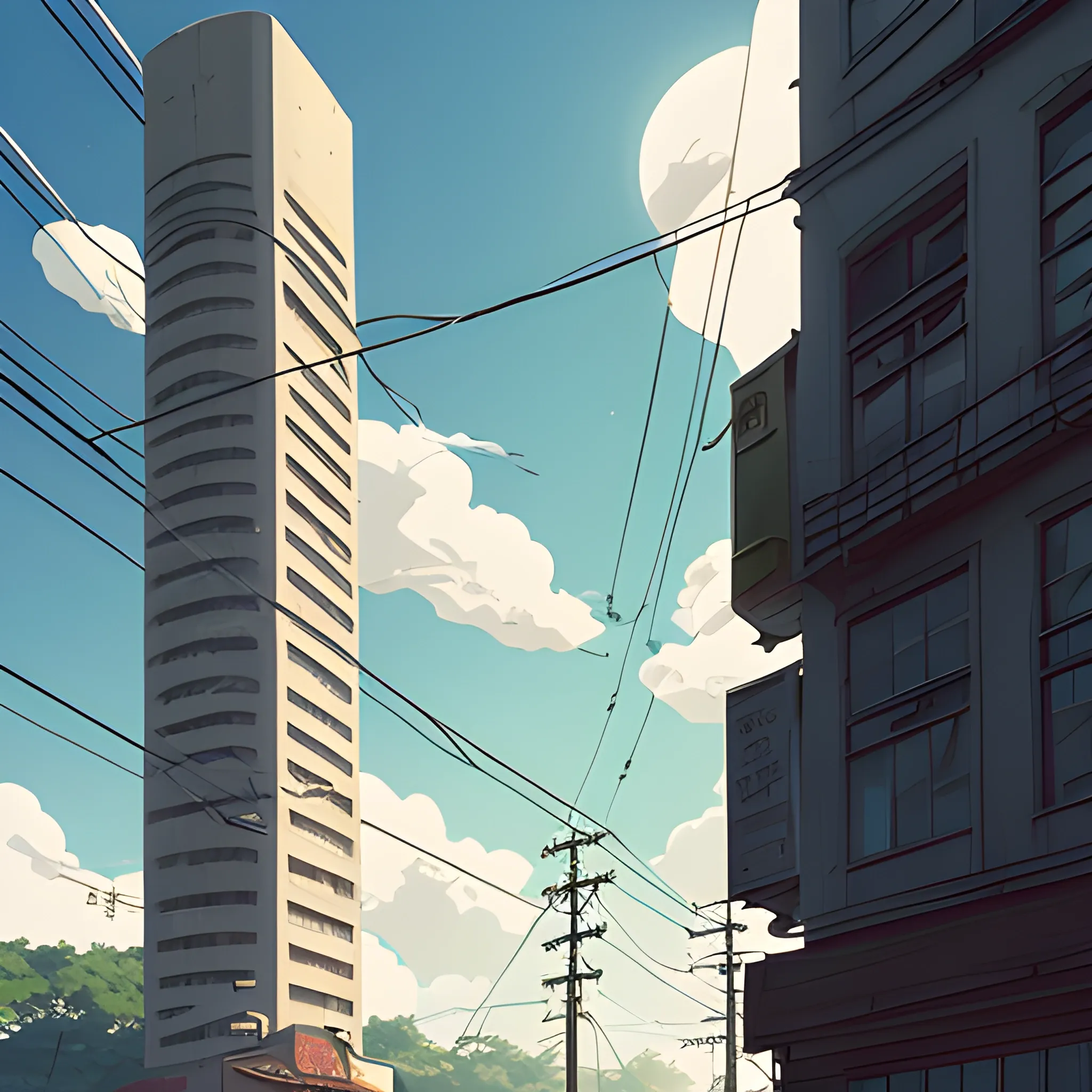 law angle, university, with bulding and shop, electric poles, in the style of makoto shinkai and greg rutkowski and albert bierstadt and james gurney, Cartoon