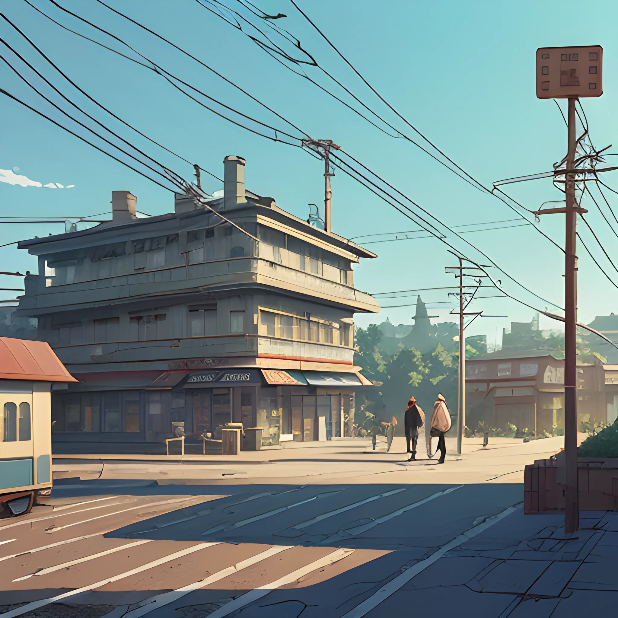 law angle, university, with bulding and shop, electric poles, in the style of makoto shinkai and greg rutkowski and albert bierstadt and james gurney, Cartoon