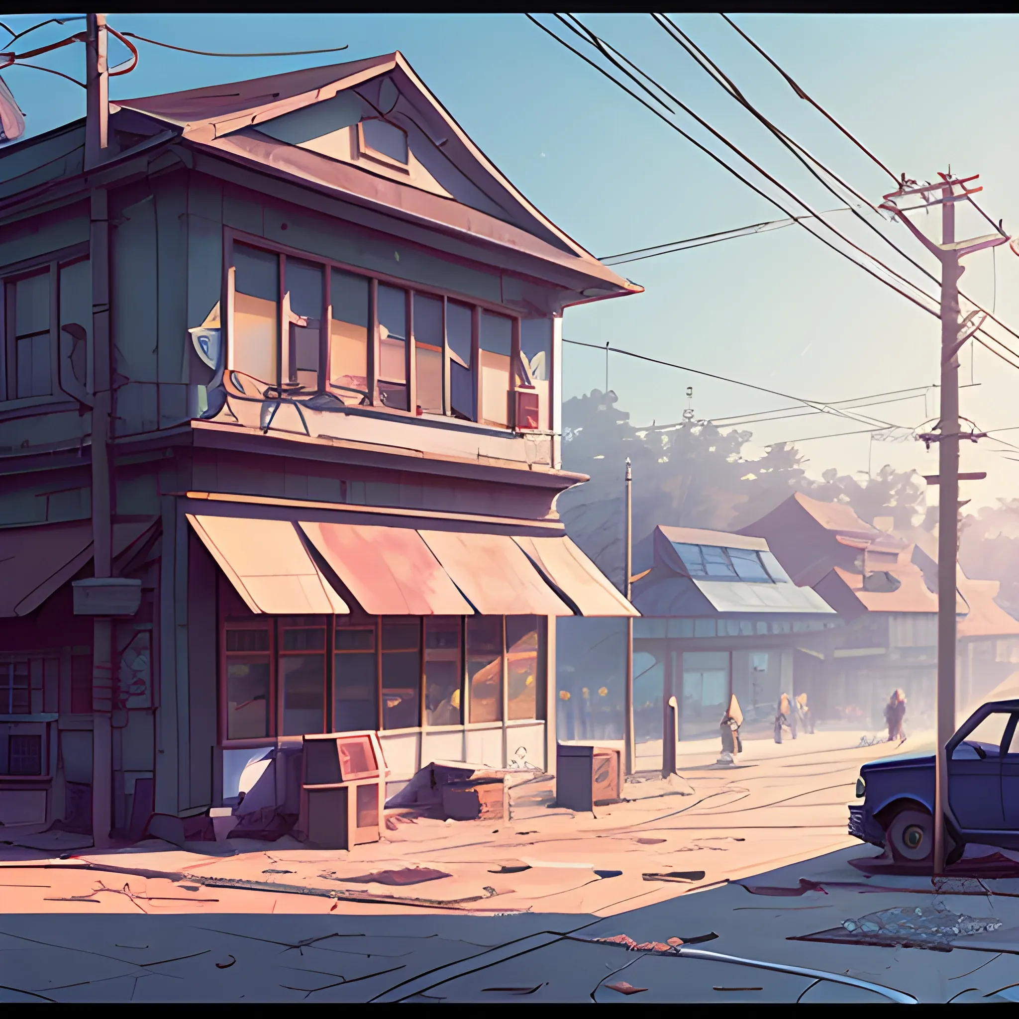 law angle, university, with bulding and shop, electric poles, in the style of makoto shinkai and greg rutkowski and albert bierstadt and james gurney, Cartoon