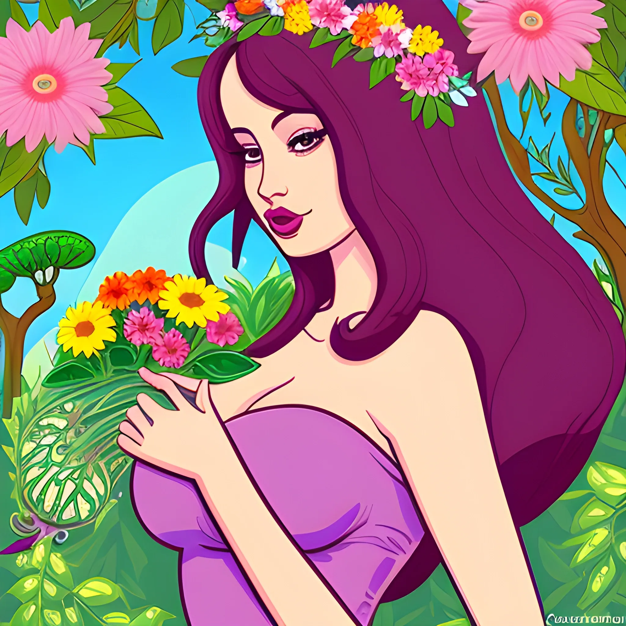 a beautiful juicy woman between flora and fauna, Cartoon