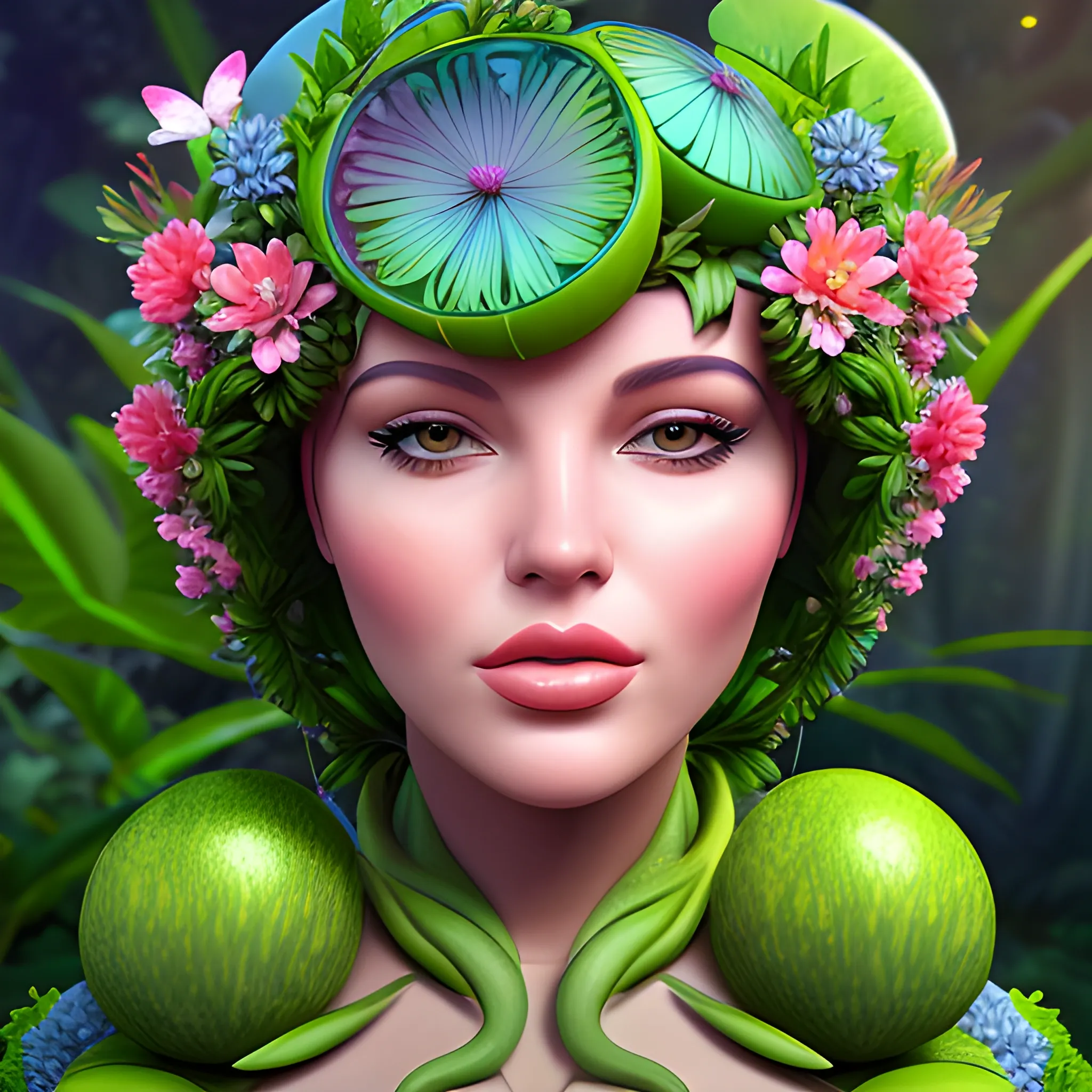 a beautiful juicy woman between flora and fauna on a strange world , 3D