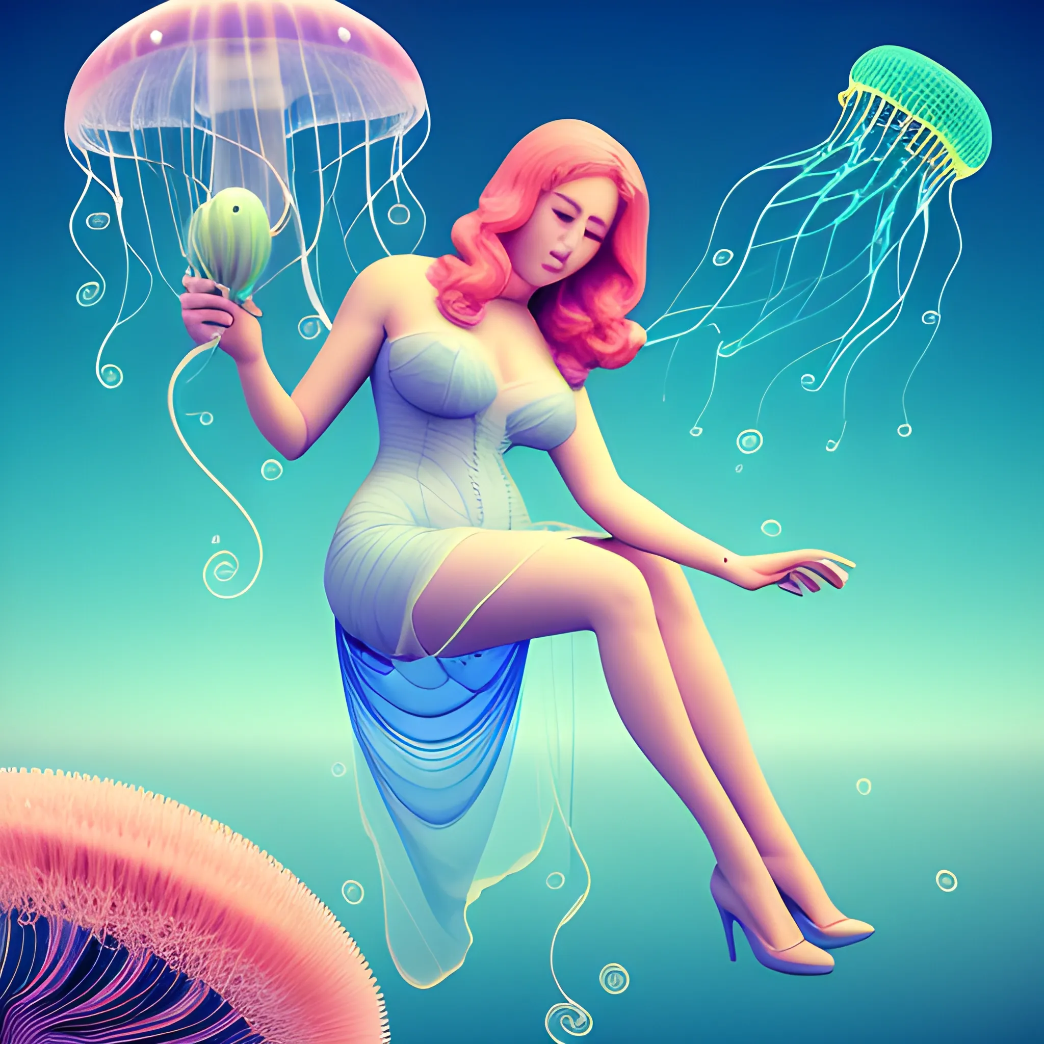 a beautiful juicy woman between flora and fauna on a strange world with flying jellyfish , 3D