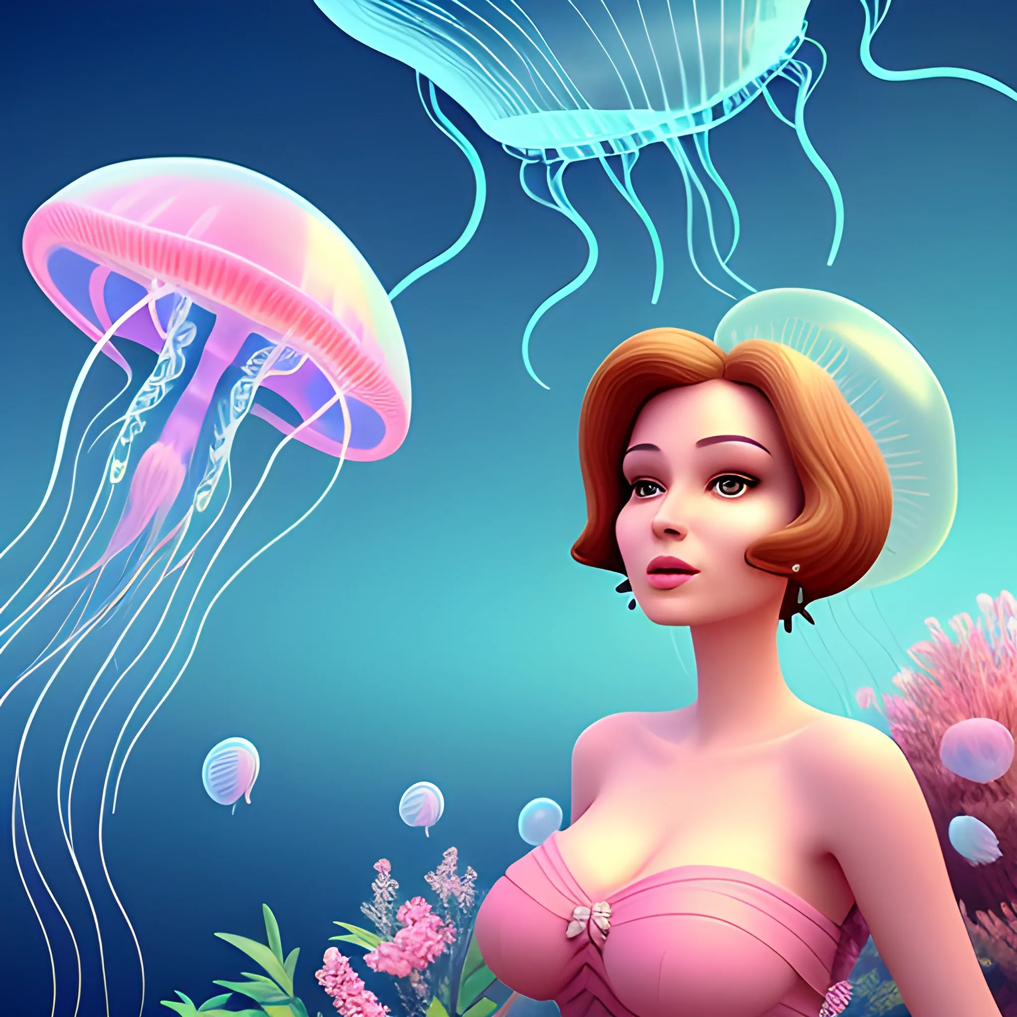 a beautiful juicy woman between flora and fauna on a strange world with flying jellyfish , 3D, Cartoon