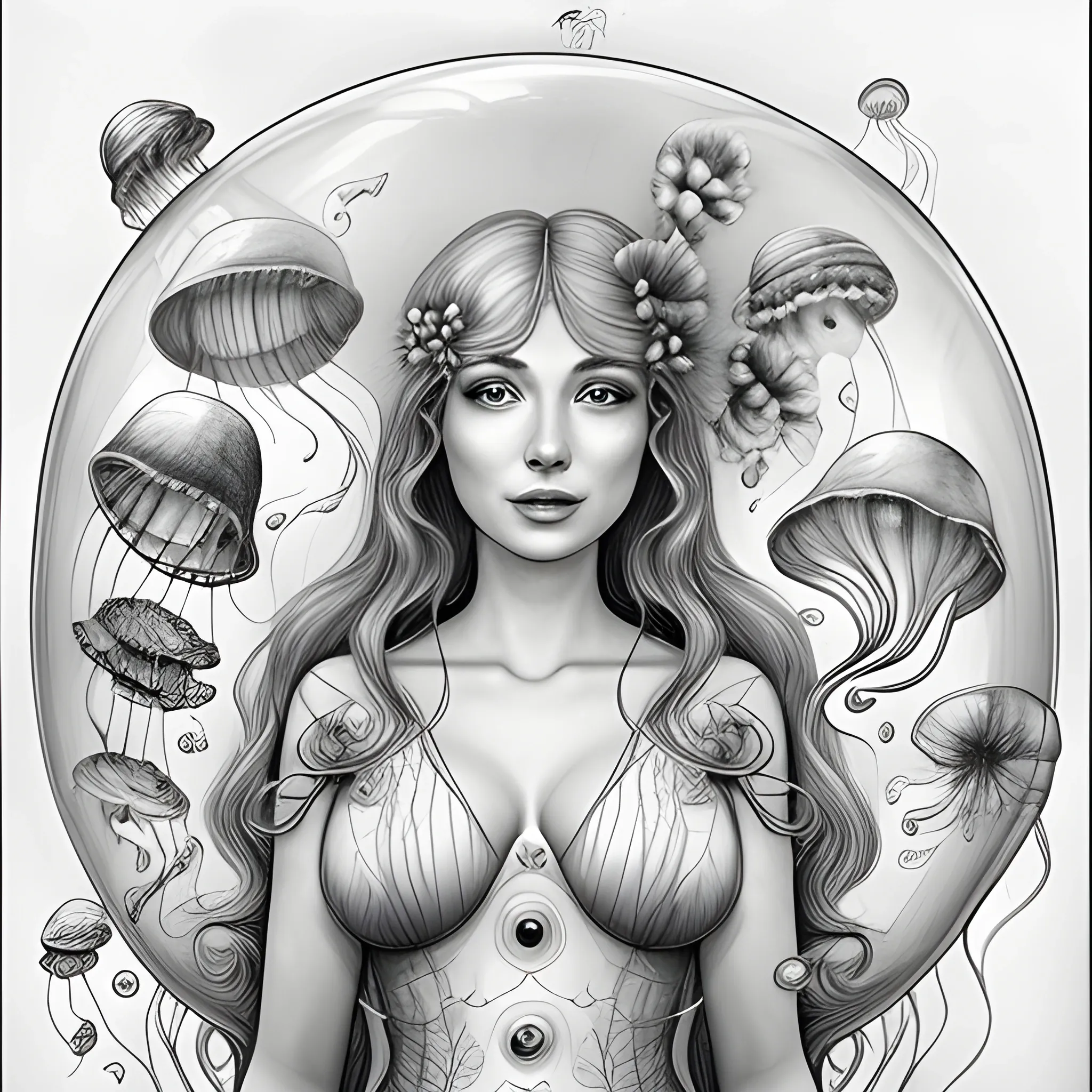 a beautiful juicy woman between flora and fauna on a strange world with flying jellyfish ,Pencil Sketch