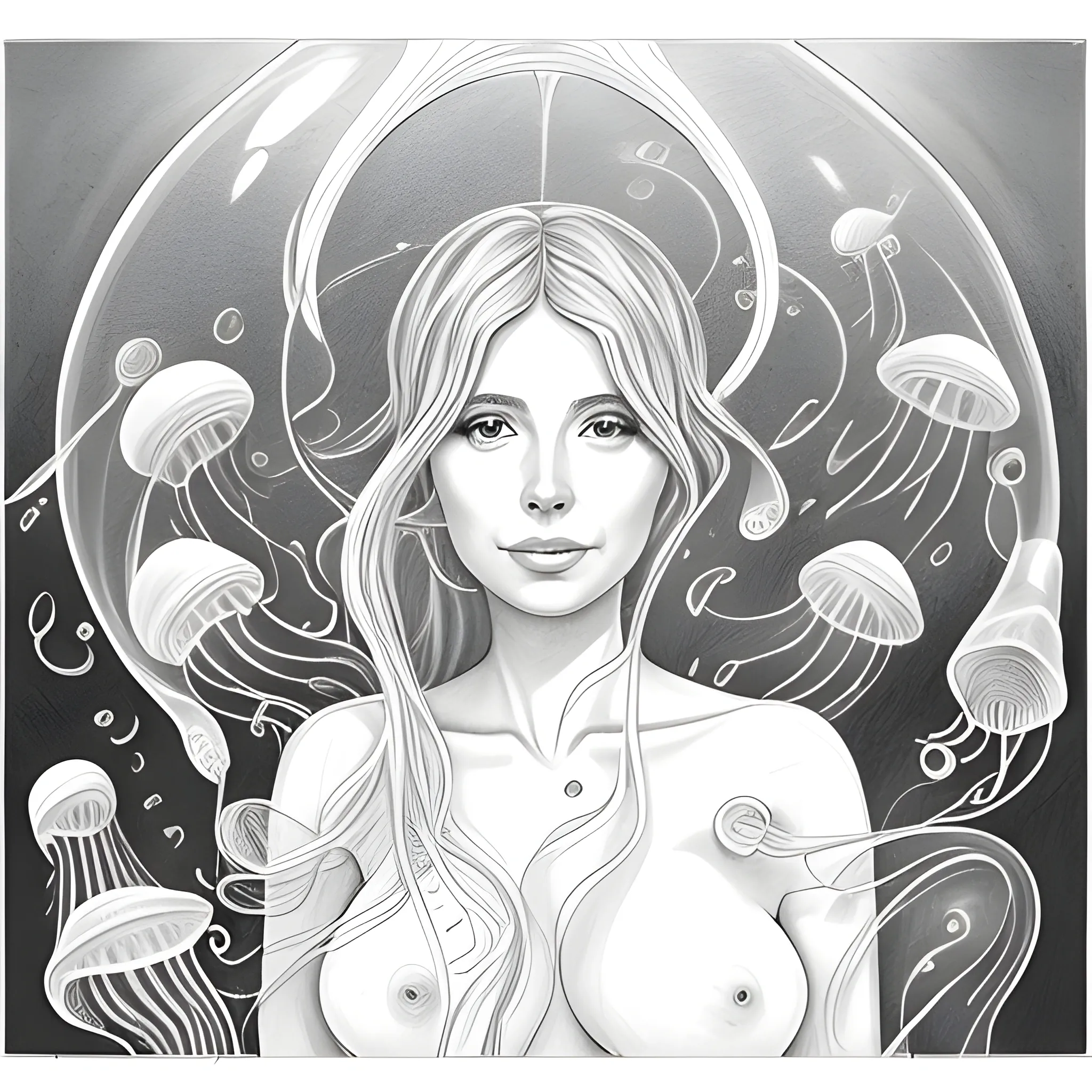 a beautiful juicy woman between flora and fauna on a strange world with flying jellyfish ,Pencil Sketch