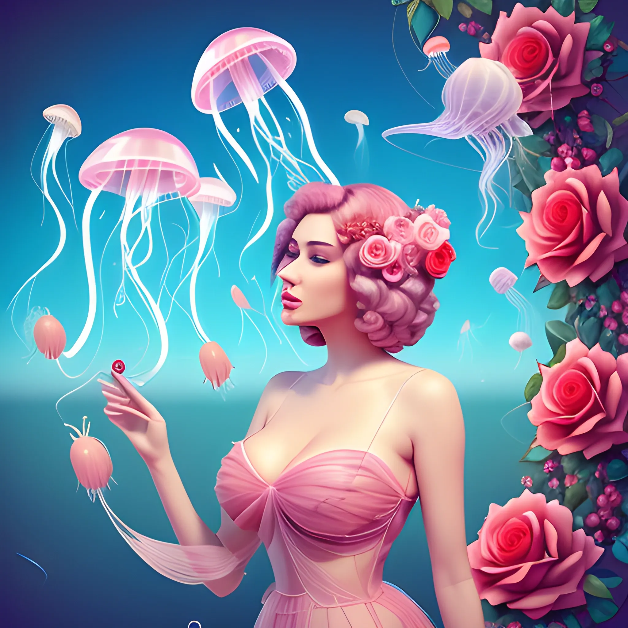 a beautiful juicy woman between birds and roses on a strange world with flying jellyfish, Cartoon, 3D