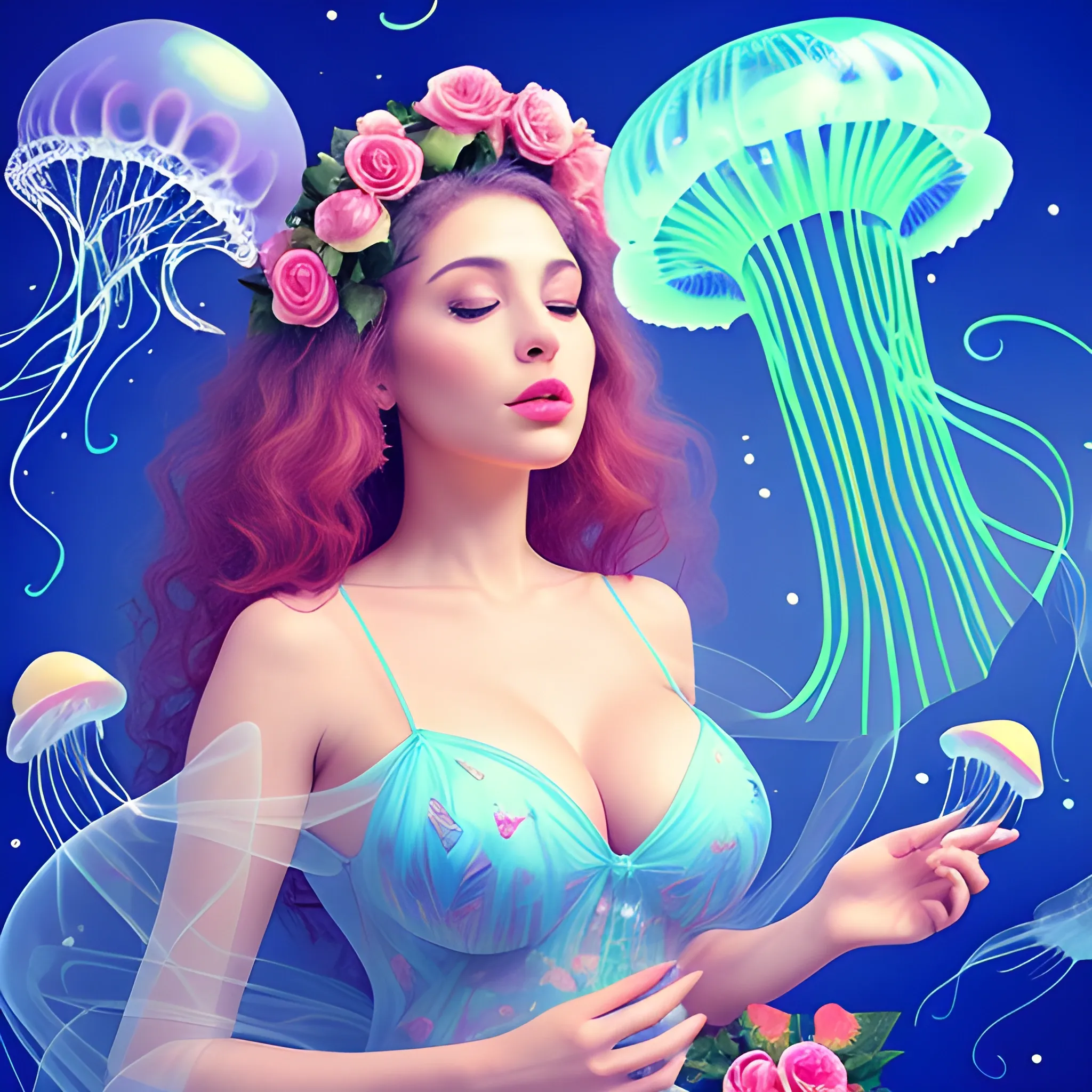 a beautiful juicy woman between birds and roses on a strange world with flying jellyfish,  Trippy