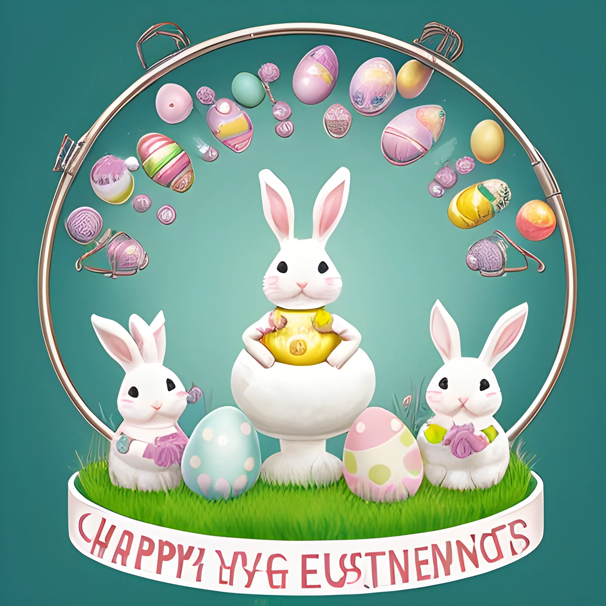 Create a playful ecard for Easter greetings targeted towards customers in the valve manufacturing or maintenance industry. The image should feature a whimsical composition blending classic Easter imagery with valve products used in the Oil, Gas & Petrochemical sectors. Incorporate elements such as Easter eggs, bunnies, flowers, and baskets, alongside Wafer Check Valves, Trunnion Mounted & Floating Ball Valves, Gate, Globe & Check Valves creatively arranged within the scene. The overall aesthetic should be cheerful and inviting, capturing the essence of Easter while representing the industry in a lighthearted manner.