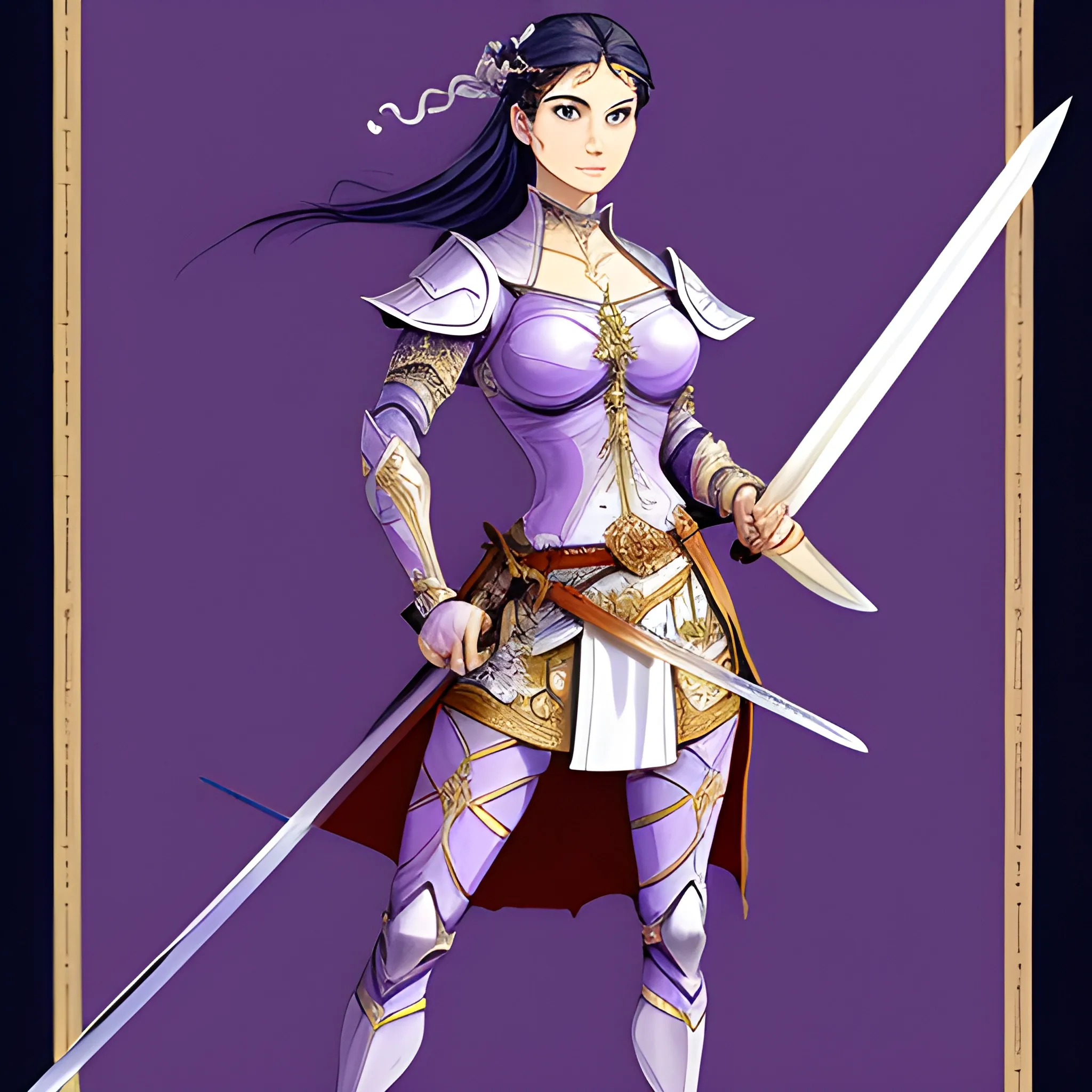 a woman holding swords and standing next to a sword, in the style of light purple and light indigo, 2d, dark white and light amber, dignified poses, li-core, group material, azure, Cartoon