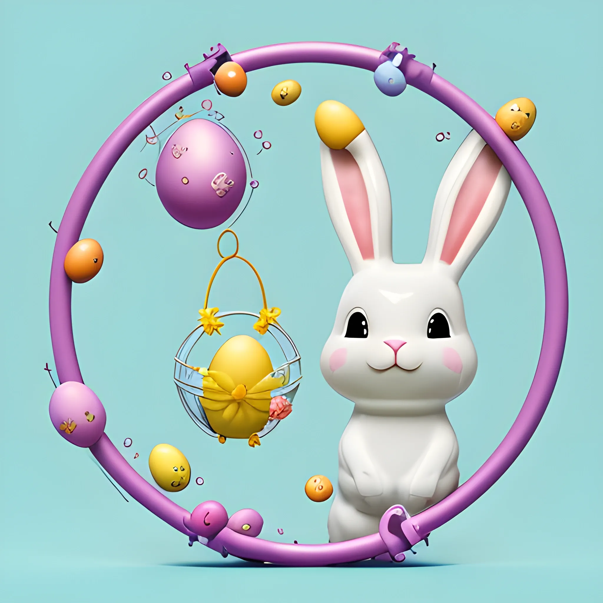 Create a playful ecard for Easter greetings targeted towards a b2b audience in the valve manufacturing or maintenance industry. The image should feature a composition blending Easter eggs with valve products used in the Oil, Gas & Petrochemical sectors. Incorporate elements such as Easter eggs and bunnies alongside Wafer Check Valves or Floating Ball Valves, Gate, Globe & Check Valves. The overall aesthetic should be cheerful and inviting, capturing the essence of Easter while representing the industry in a lighthearted manner. Pay attention to details and do not create deformed or asymmetric valve components., 3D