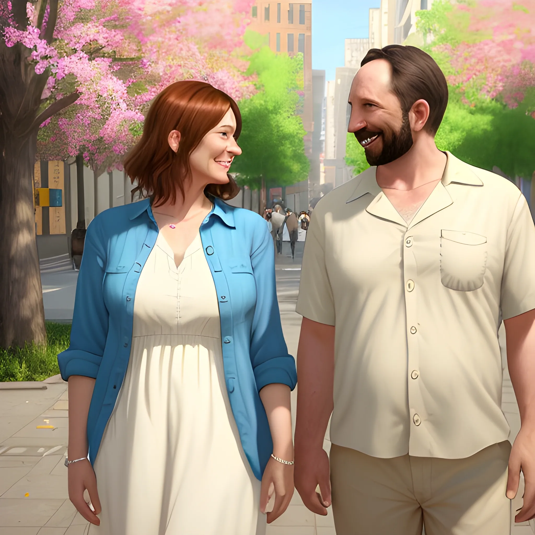 Realism: a 40-year-old man in a light shirt, full-length, and a 35-year-old woman in a light dress, full-length, they look at each other, bright natural colors, they smile, street, bright flowers, photorealism, 8k