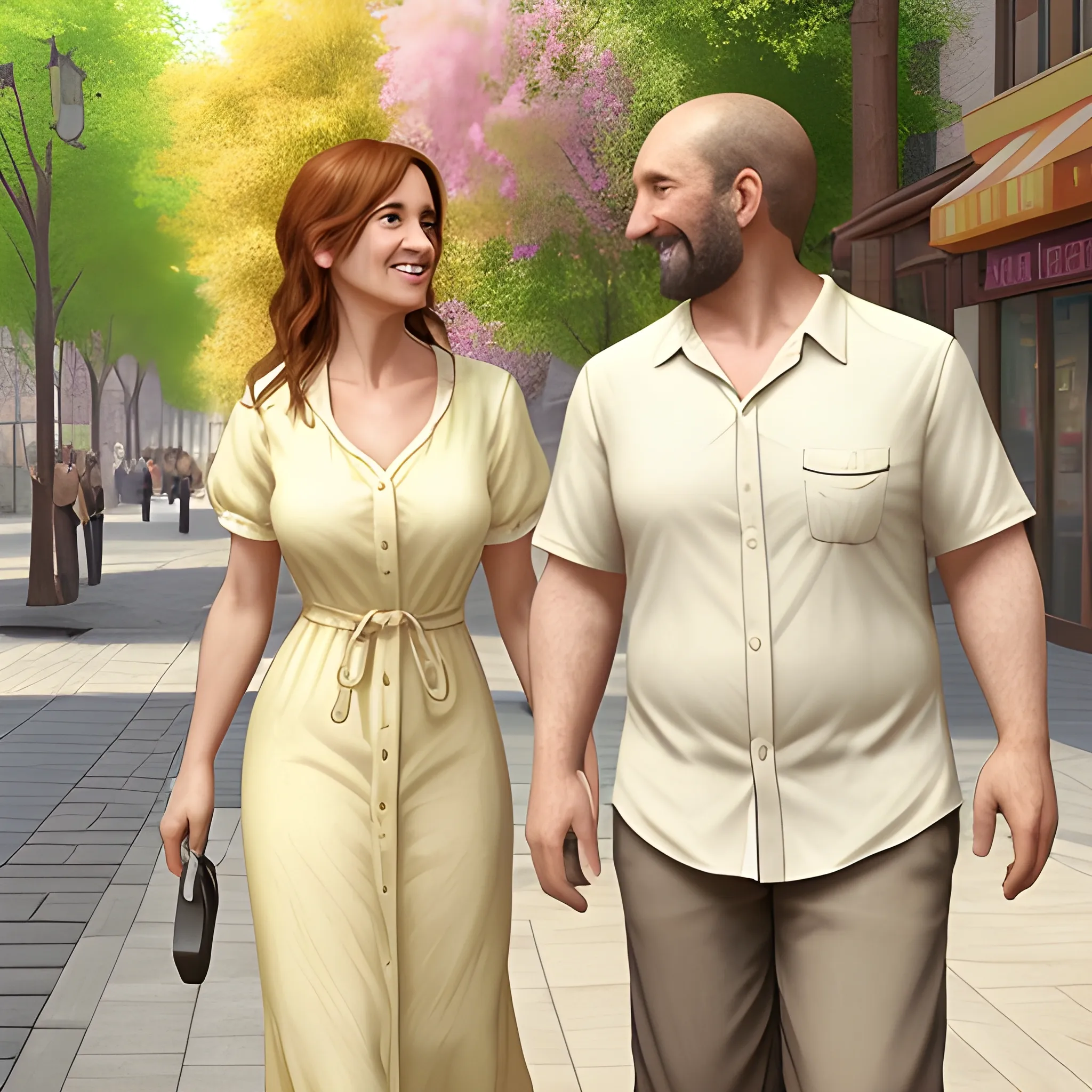 Realism: a 40-year-old man in a light shirt, full-length, and a 35-year-old woman in a light dress, full-length, they look at each other, bright natural colors, they smile, street, bright flowers, photorealism, 8k