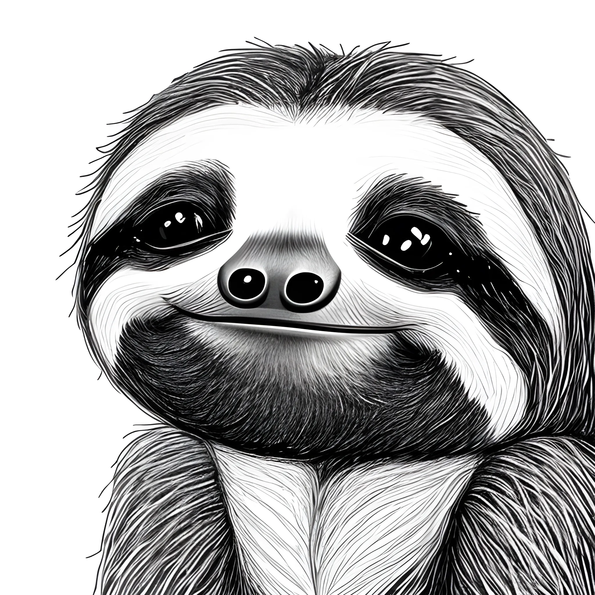 Black and white line drawing of a cute Sloth with butterfly on its nose, white background, Trippy, Pencil Sketch