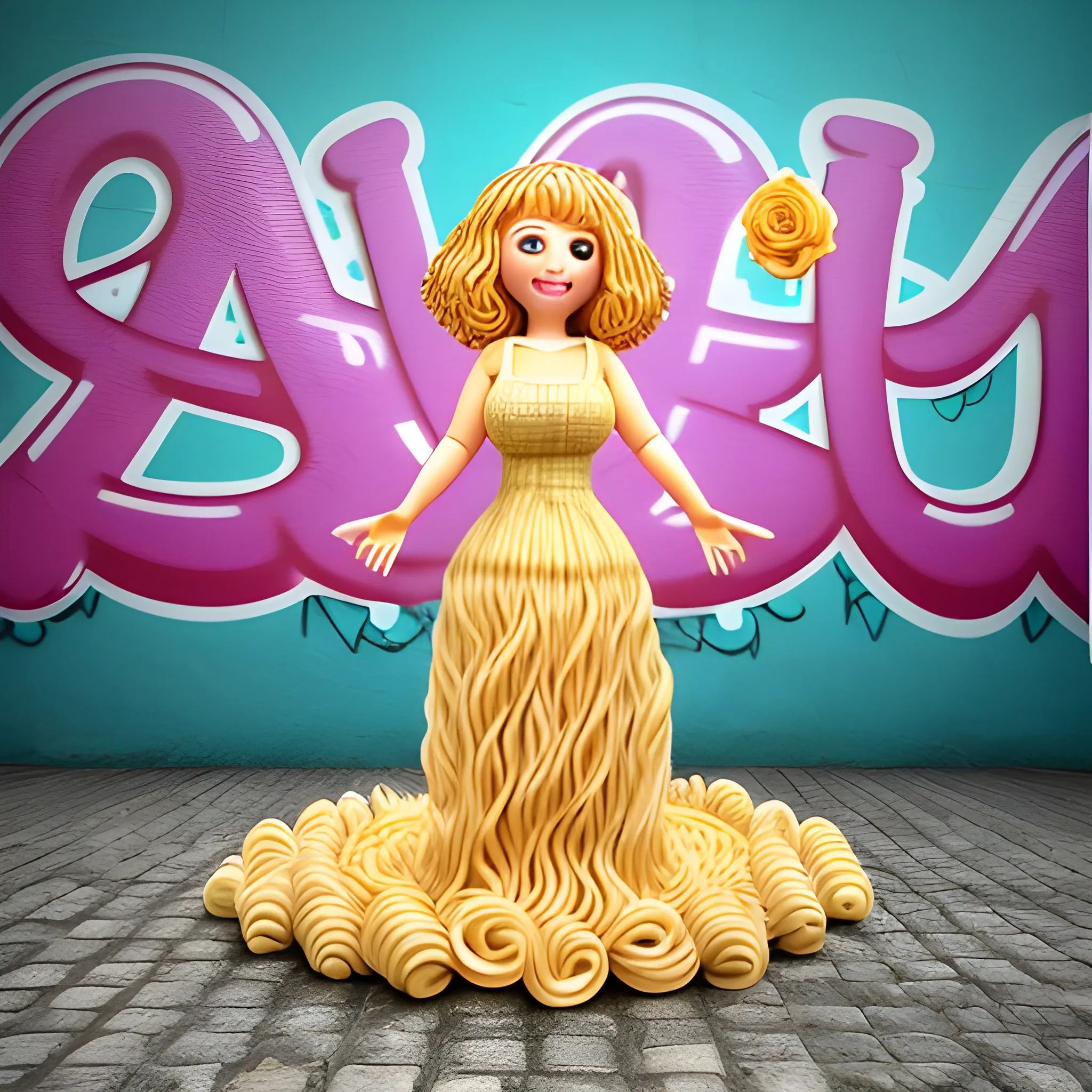 happy woman over 40 fat body with pasta hair and dress made from pasta ,roses and jellyfishes on background,Graffiti, 3D