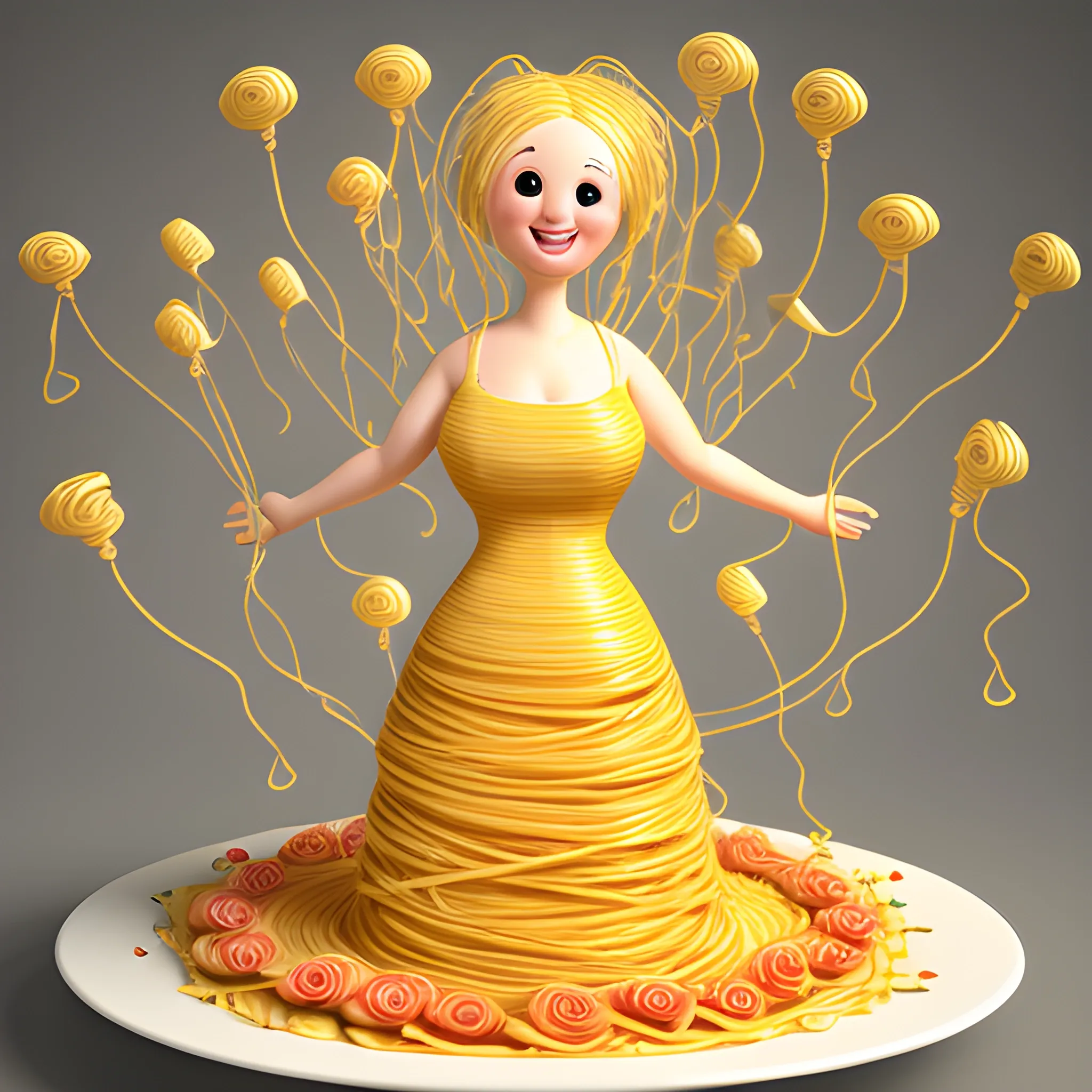 happy woman over 40 fat body with pasta hair and dress made from pasta ,roses and jellyfishes on background, 3D