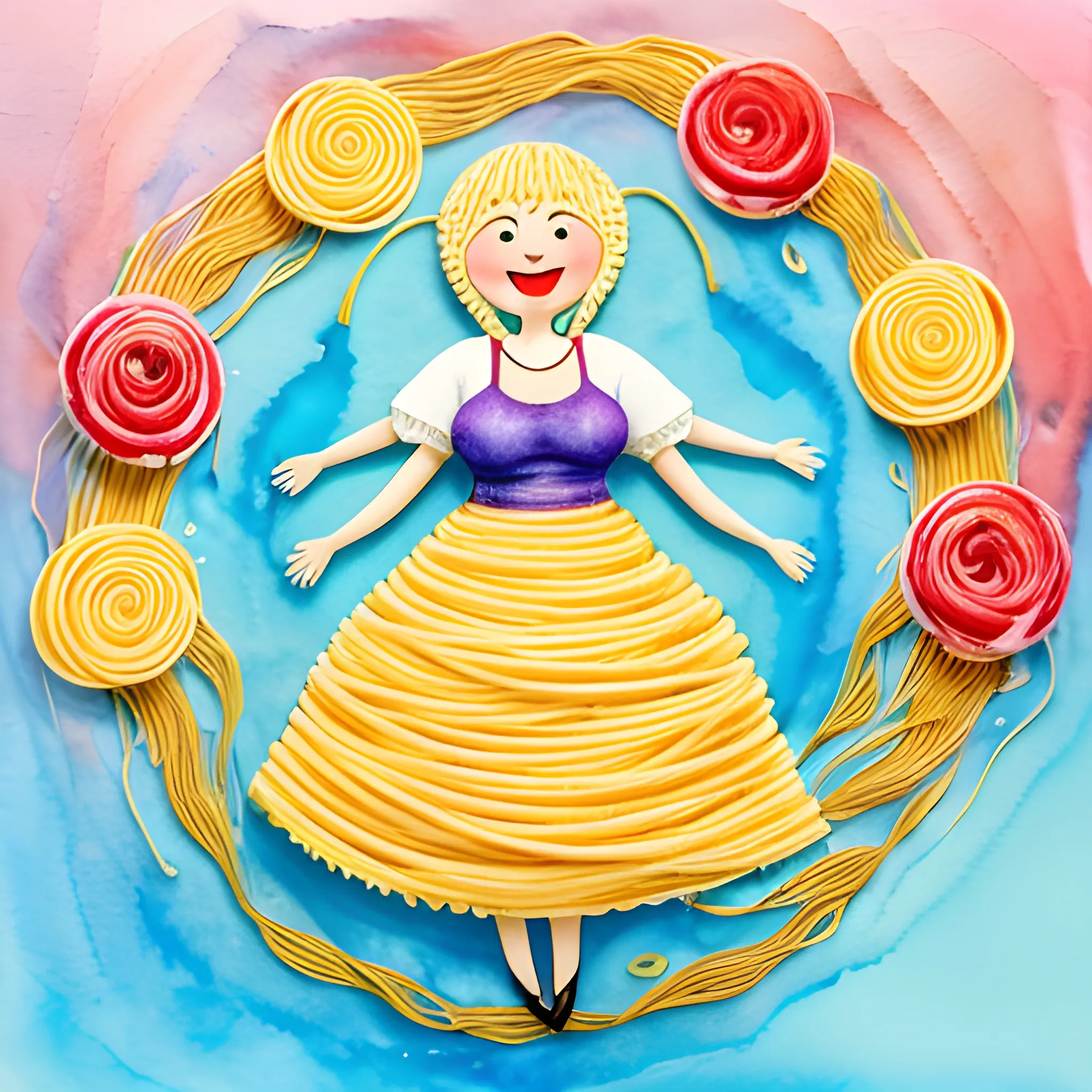 happy woman over 40 fat body with pasta hair and dress made from pasta ,roses and jellyfishes on background,
 Water Color