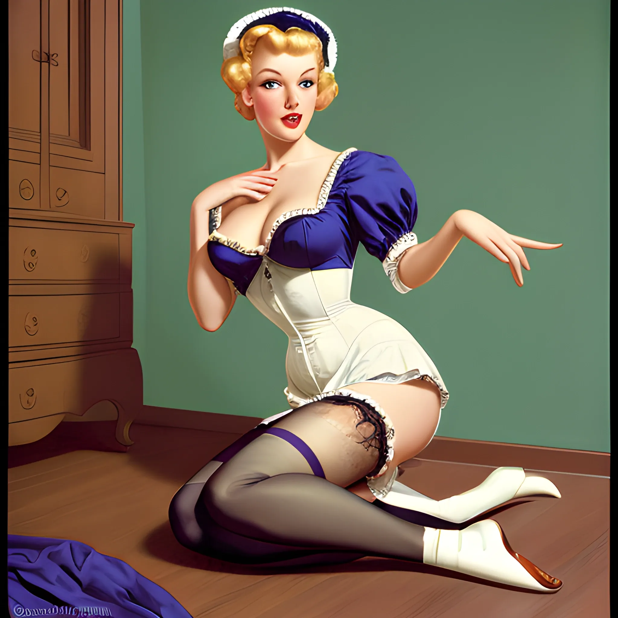 woman in room maid costume, pinup, detailed eyes, thigh stockings, deep decolletage, natural skin, by gil elvgren and rolf armstrong, realistic photo,