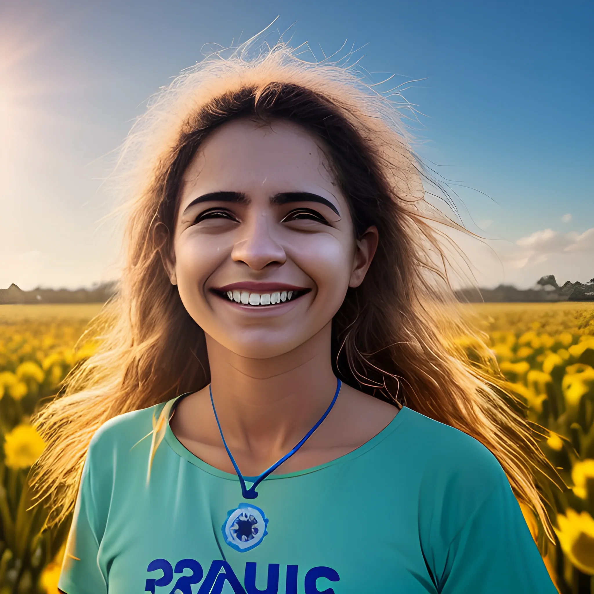 Uma mulher sorridente em um campo ensolarado, com raios de sol brilhando ao seu redor enquanto ela visualiza seus sonhos se manifestando. Ao fundo, símbolos de afirmações positivas flutuam no ar, criando uma atmosfera de esperança e possibilidade.

--ar 16:9