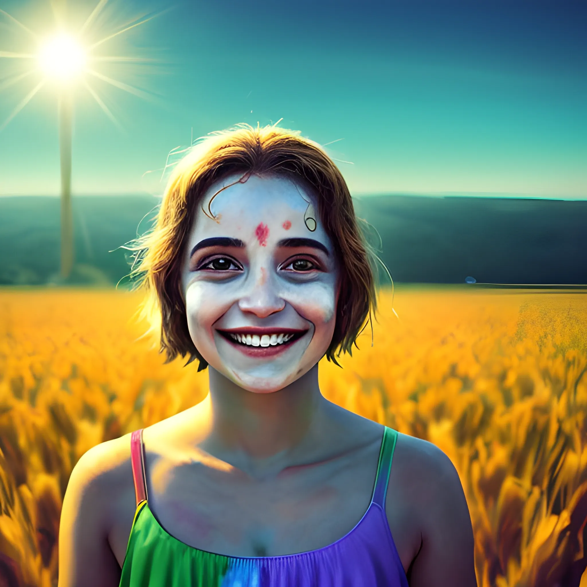 Uma mulher sorridente em um campo ensolarado, com raios de sol brilhando ao seu redor enquanto ela visualiza seus sonhos se manifestando. Ao fundo, símbolos de afirmações positivas flutuam no ar, criando uma atmosfera de esperança e possibilidade.

--ar 16:9, Trippy